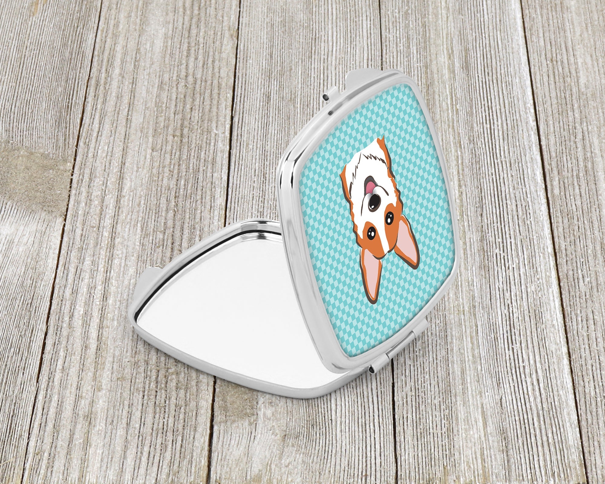Checkerboard Blue Corgi Compact Mirror Decorative Travel Makeup Mirror for Women Girls Gifts Pocket Makeup Mirror Folding Handheld