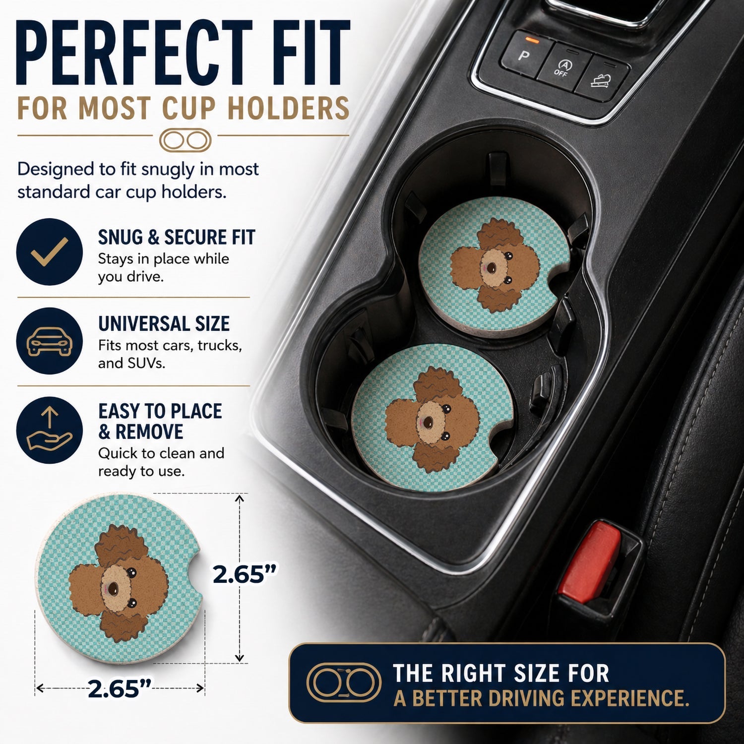 Checkerboard Blue Chocolate Brown Poodle Set of 2 Cup Holder Car Coasters Absorbent Round Sandstone Coasters Gifts for Men or Women, 2.5, Multicolor