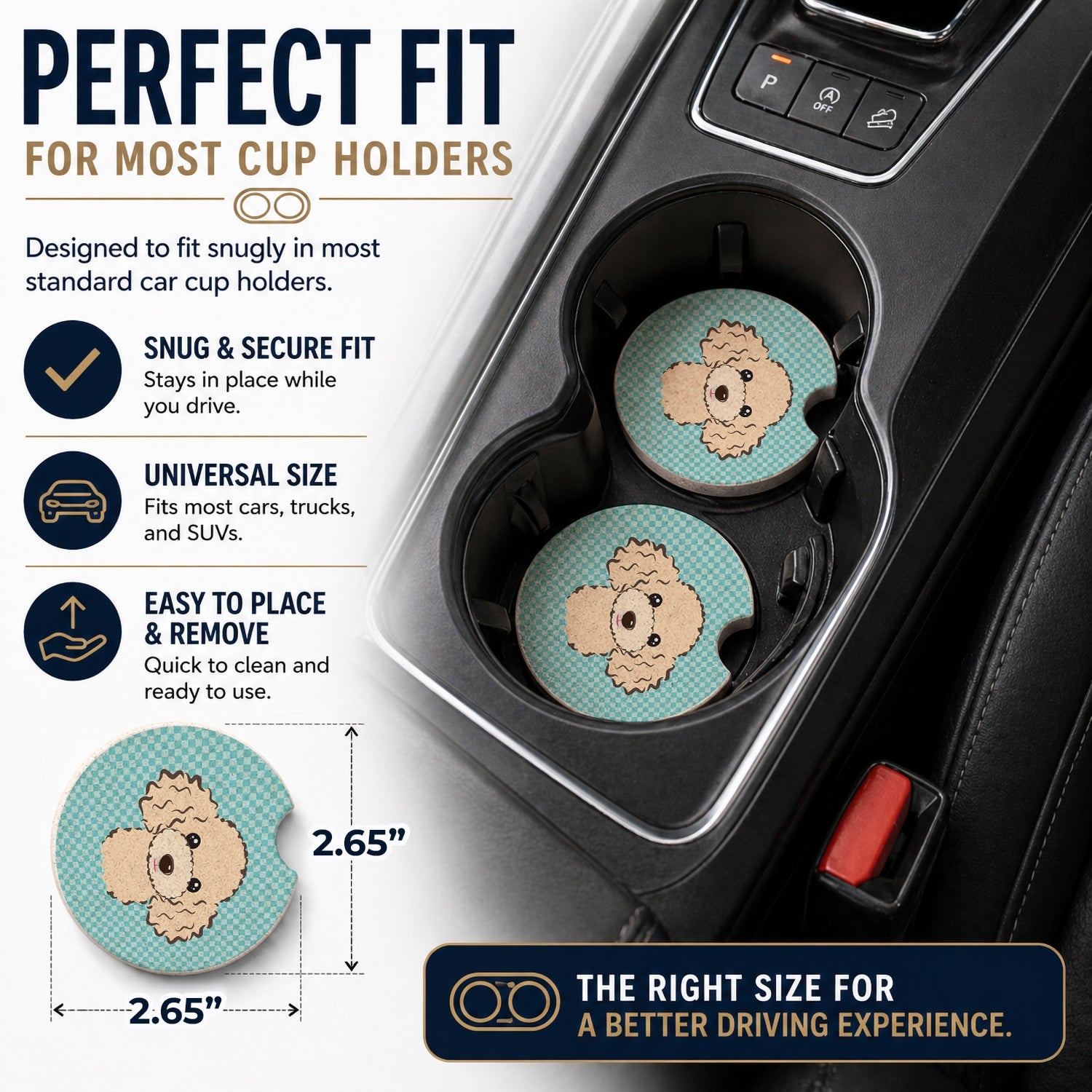 Checkerboard Blue Buff Poodle Set of 2 Cup Holder Car Coasters Absorbent Round Sandstone Coasters Gifts for Men or Women, 2.5, Multicolor