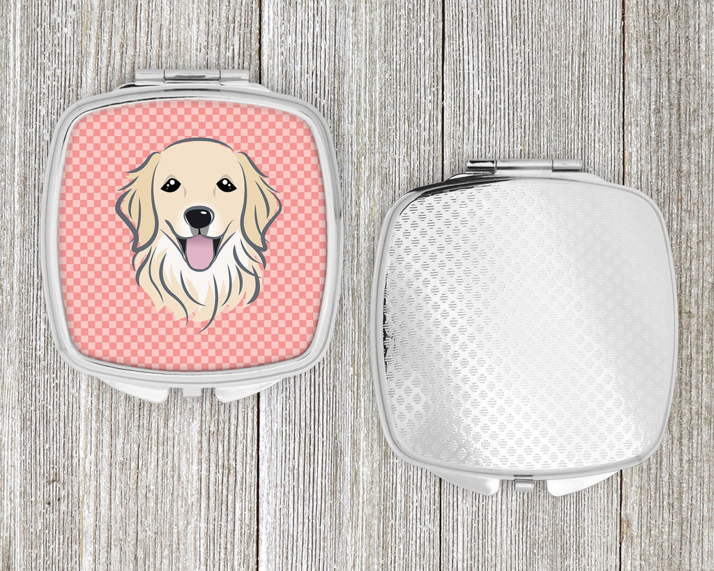 Checkerboard Pink Golden Retriever Compact Mirror Decorative Travel Makeup Mirror for Women Girls Gifts Pocket Makeup Mirror Folding Handheld