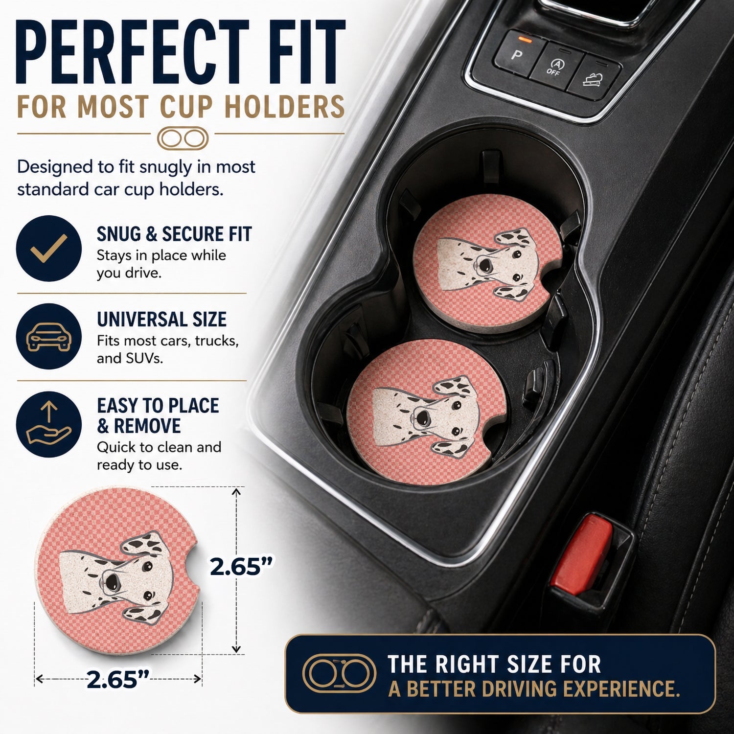 Checkerboard Pink Dalmatian Set of 2 Cup Holder Car Coasters Absorbent Round Sandstone Coasters Gifts for Men or Women, 2.5, Multicolor