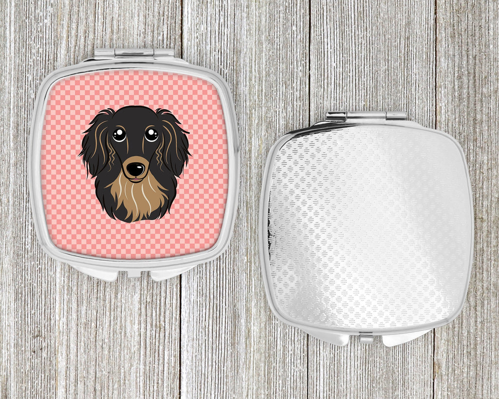Checkerboard Pink Longhair Black and Tan Dachshund Compact Mirror Decorative Travel Makeup Mirror for Women Girls Gifts Pocket Makeup Mirror Folding Handheld