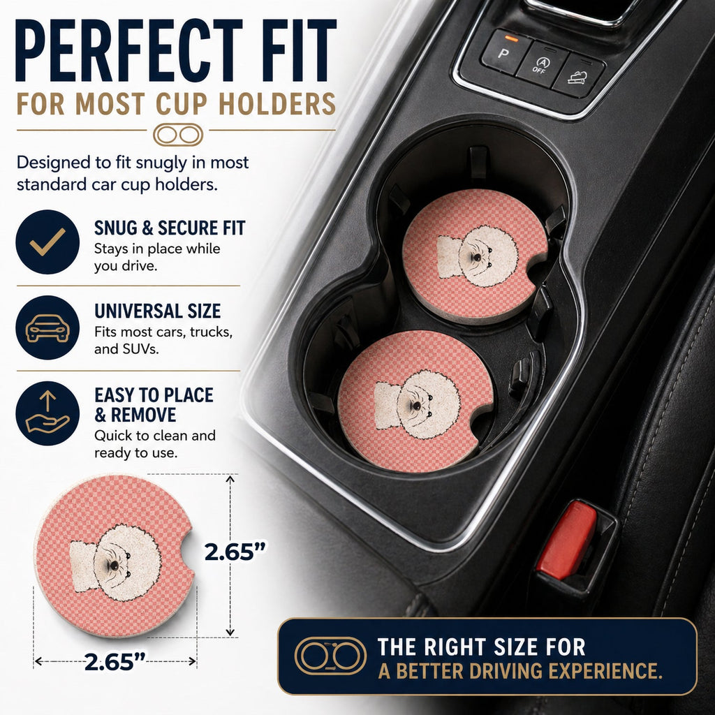 Checkerboard Pink Bichon Frise Set of 2 Cup Holder Car Coasters Absorbent Round Sandstone Coasters Gifts for Men or Women, 2.5, Multicolor
