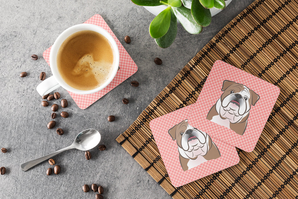 Checkerboard Pink English Bulldog  Foam Coasters Set of 4 Cup Coasters for Indoor Outdoor, Tabletop Protection, Anti Slip, Mouse pad Material