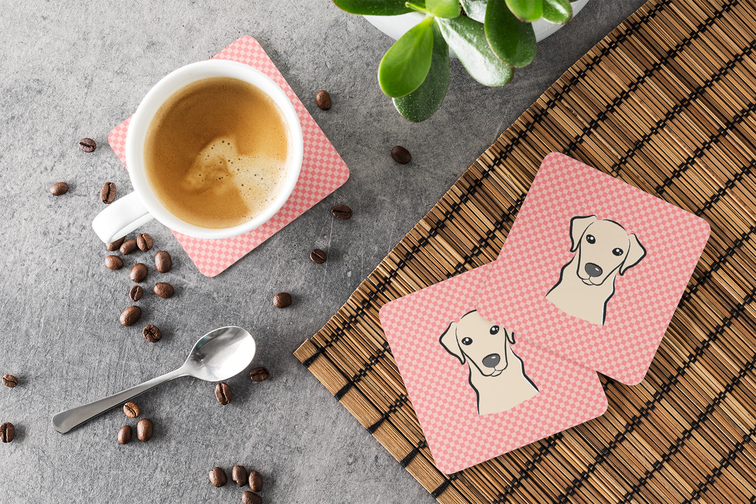 Checkerboard Pink Yellow Labrador Foam Coasters Set of 4 Cup Coasters for Indoor Outdoor, Tabletop Protection, Anti Slip, Mouse pad Material