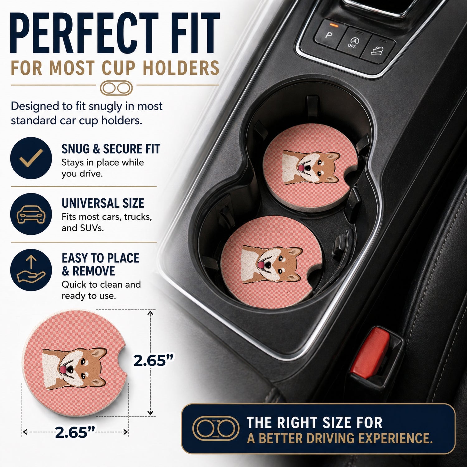 Checkerboard Pink Shiba Inu Set of 2 Cup Holder Car Coasters Absorbent Round Sandstone Coasters Gifts for Men or Women, 2.5, Multicolor