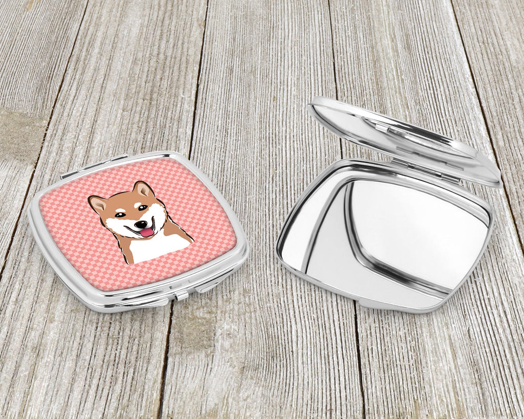 Checkerboard Pink Shiba Inu Compact Mirror Decorative Travel Makeup Mirror for Women Girls Gifts Pocket Makeup Mirror Folding Handheld
