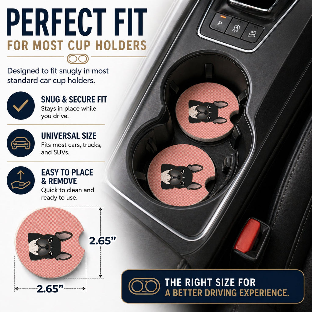 Checkerboard Pink French Bulldog Set of 2 Cup Holder Car Coasters Absorbent Round Sandstone Coasters Gifts for Men or Women, 2.5, Multicolor