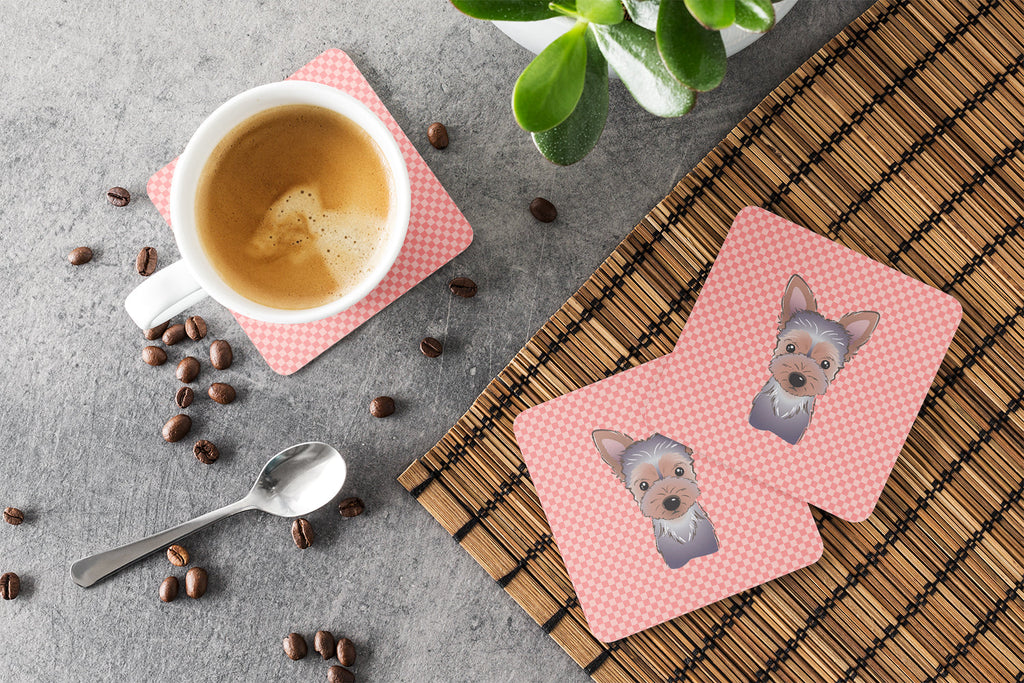 Checkerboard Pink Yorkie Puppy Foam Coasters Set of 4 Cup Coasters for Indoor Outdoor, Tabletop Protection, Anti Slip, Mouse pad Material
