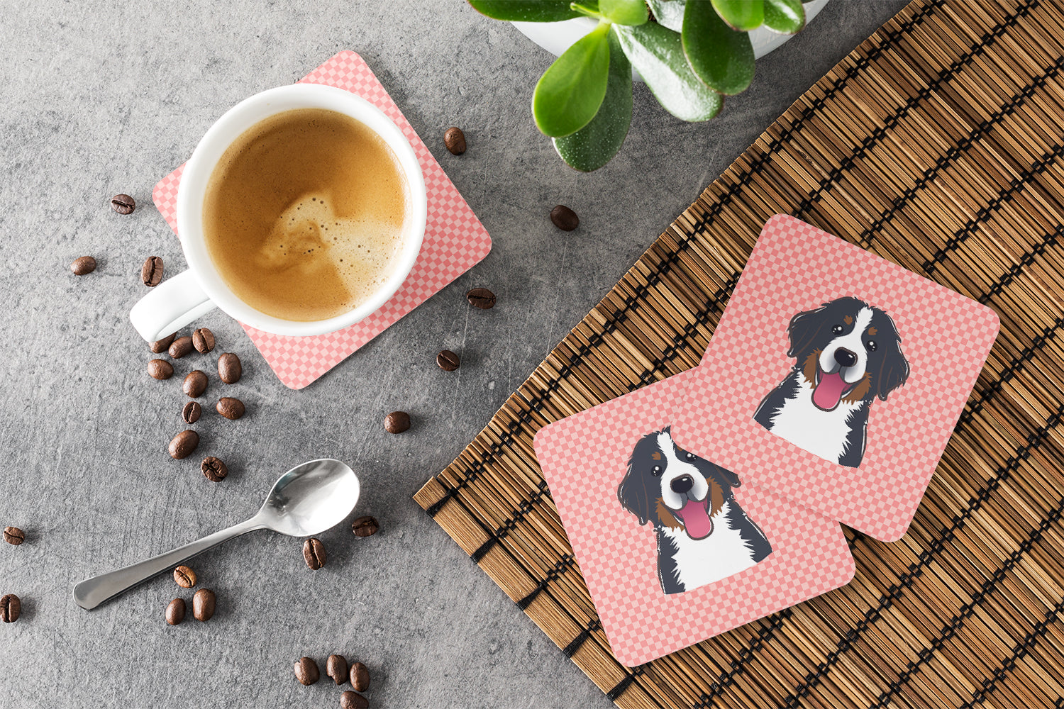 Checkerboard Pink Bernese Mountain Dog Foam Coasters Set of 4 Cup Coasters for Indoor Outdoor, Tabletop Protection, Anti Slip, Mouse pad Material