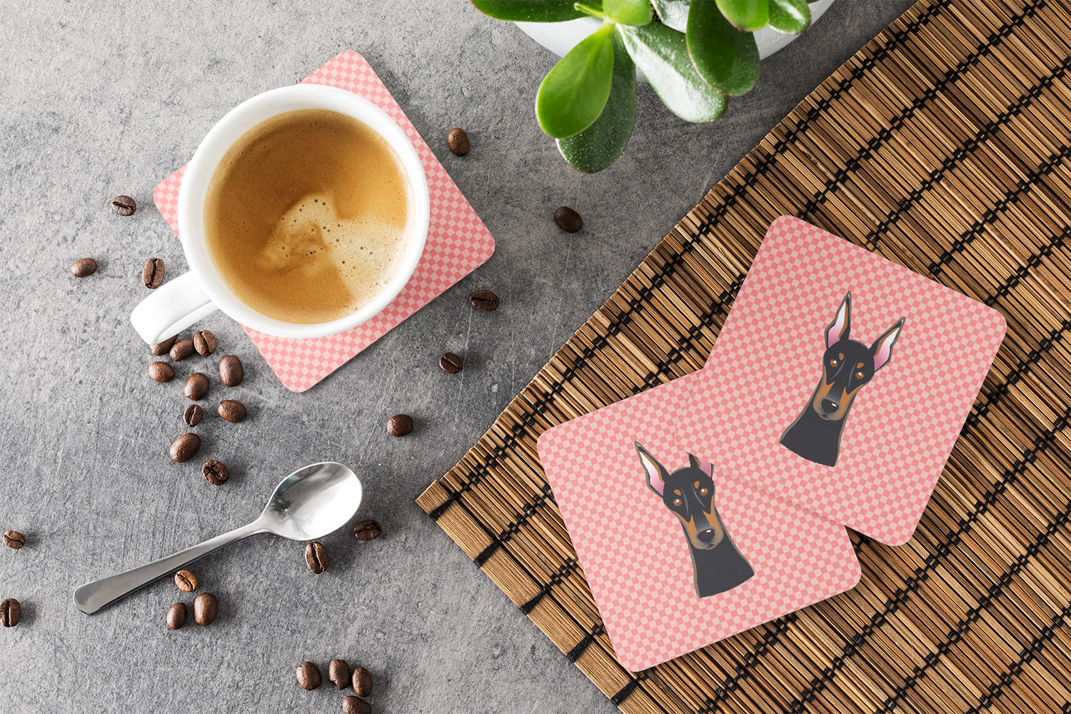 Checkerboard Pink Doberman Foam Coasters Set of 4 Cup Coasters for Indoor Outdoor, Tabletop Protection, Anti Slip, Mouse pad Material