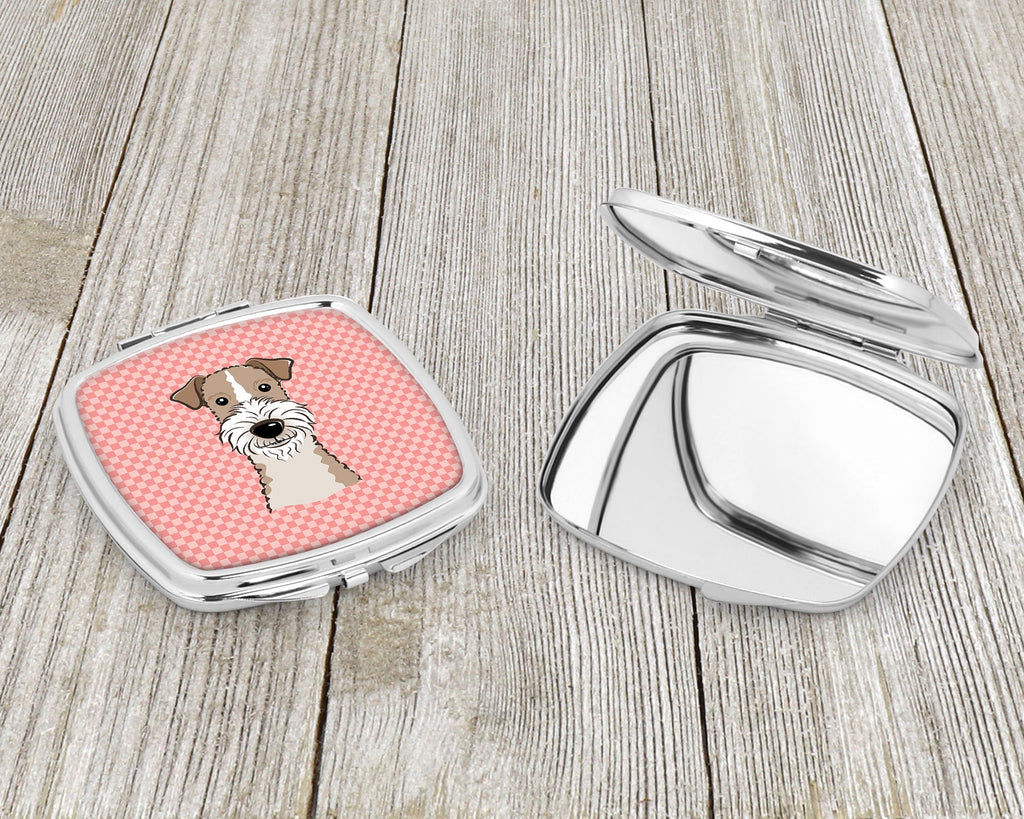 Checkerboard Pink Wire Haired Fox Terrier Compact Mirror Decorative Travel Makeup Mirror for Women Girls Gifts Pocket Makeup Mirror Folding Handheld