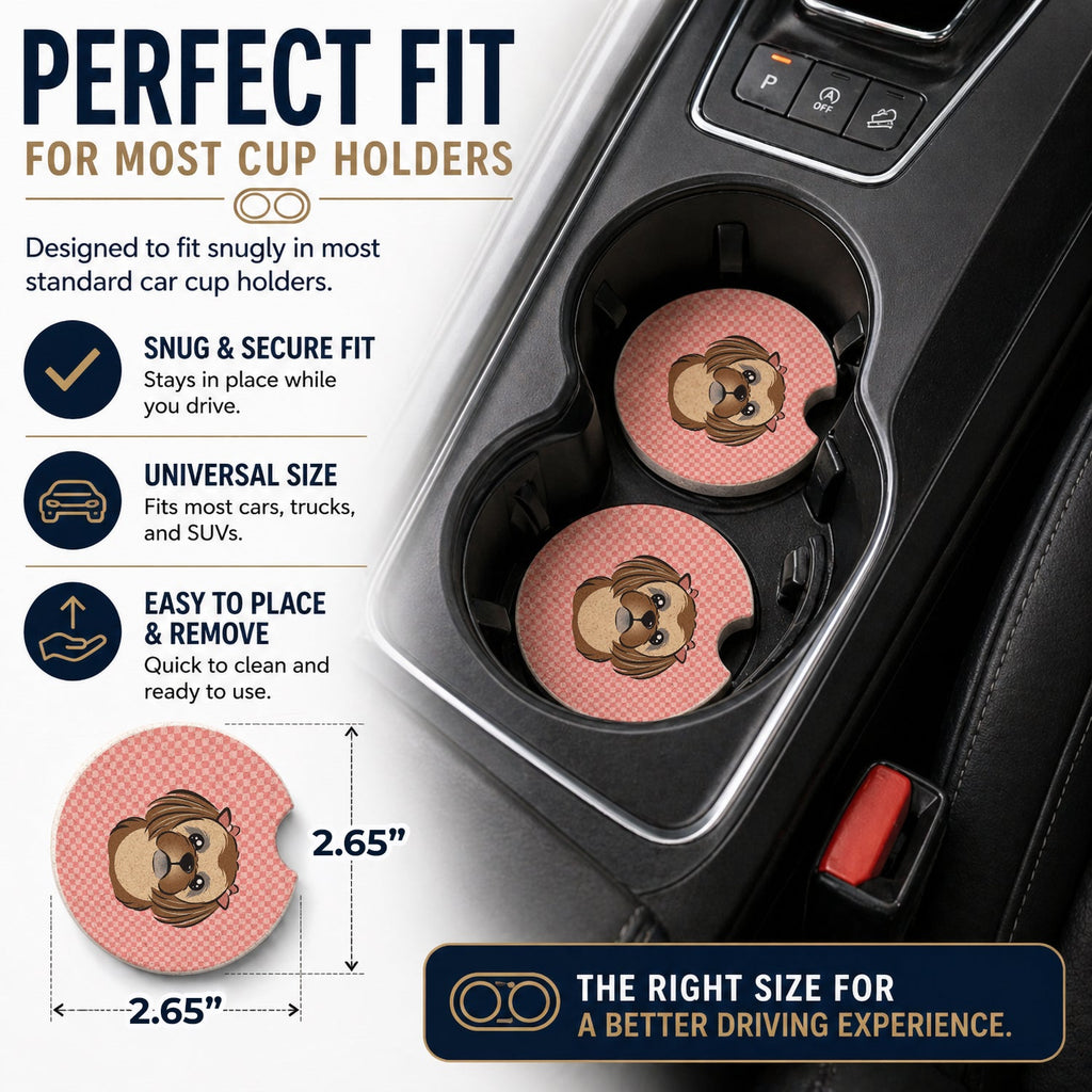 Checkerboard Pink Chocolate Brown Shih Tzu Set of 2 Cup Holder Car Coasters Absorbent Round Sandstone Coasters Gifts for Men or Women, 2.5, Multicolor