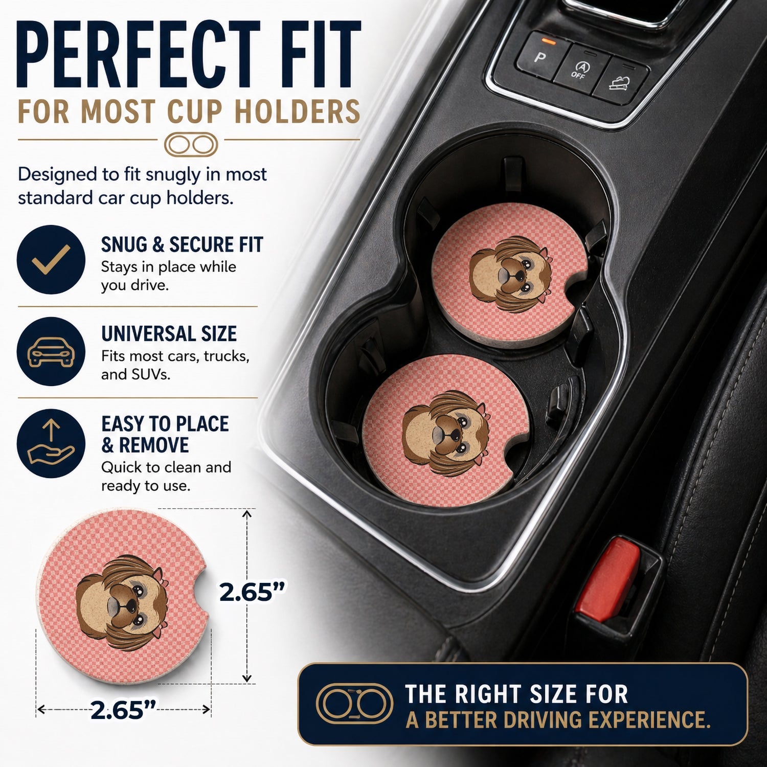 Checkerboard Pink Chocolate Brown Shih Tzu Set of 2 Cup Holder Car Coasters Absorbent Round Sandstone Coasters Gifts for Men or Women, 2.5, Multicolor