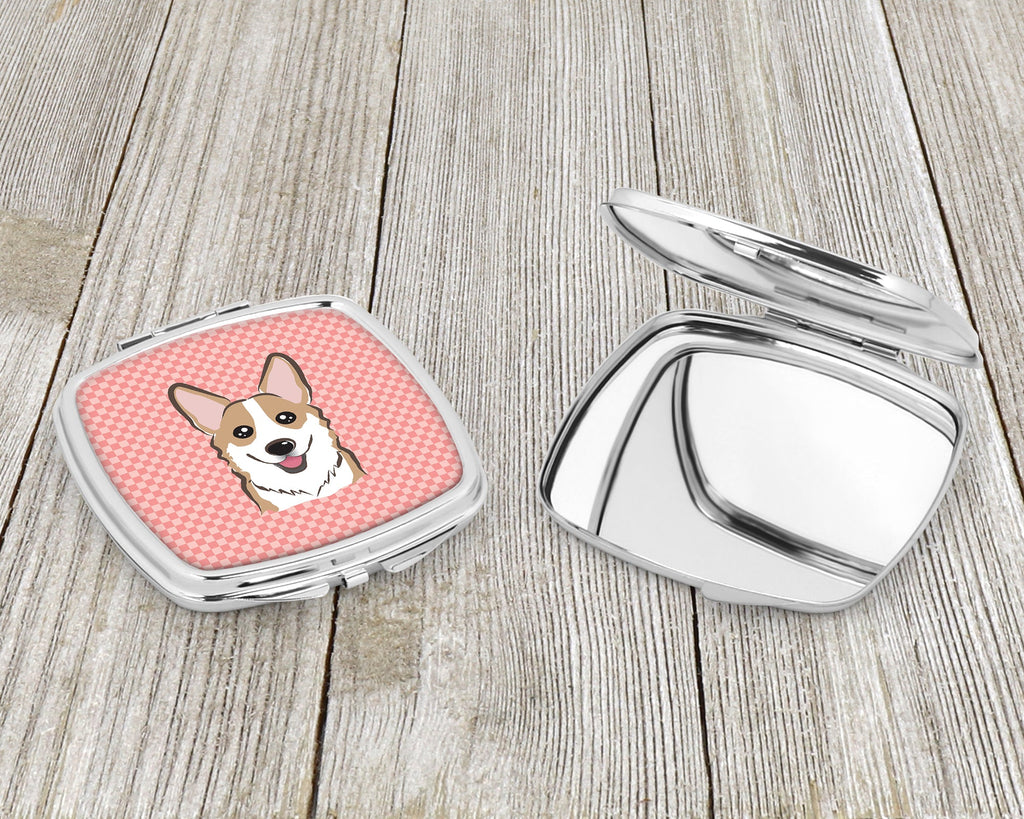 Checkerboard Pink Corgi Compact Mirror Decorative Travel Makeup Mirror for Women Girls Gifts Pocket Makeup Mirror Folding Handheld
