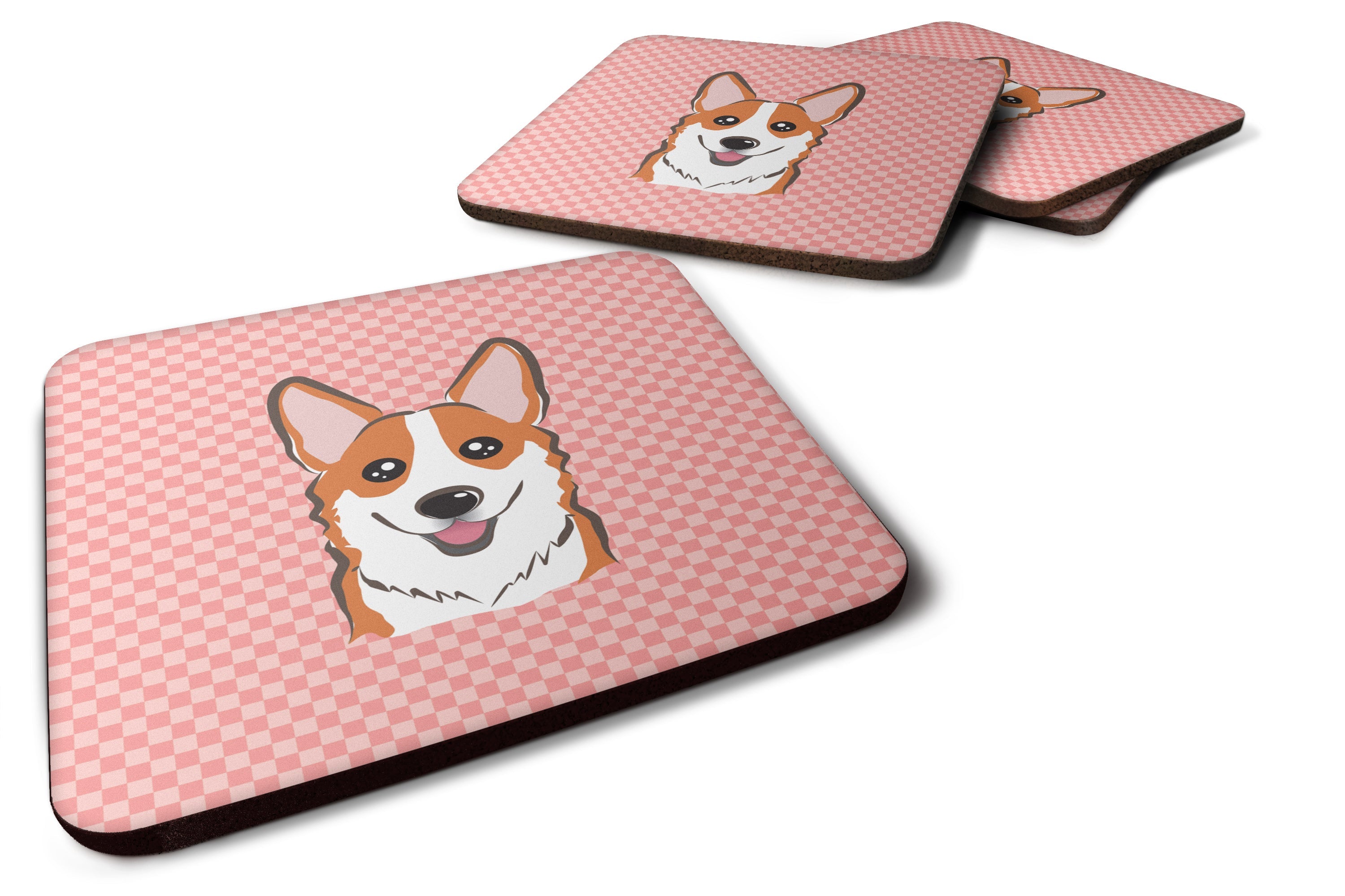 Checkerboard Pink Corgi Foam Coasters Set of 4 Cup Coasters for Indoor Outdoor, Tabletop Protection, Anti Slip, Mouse pad Material