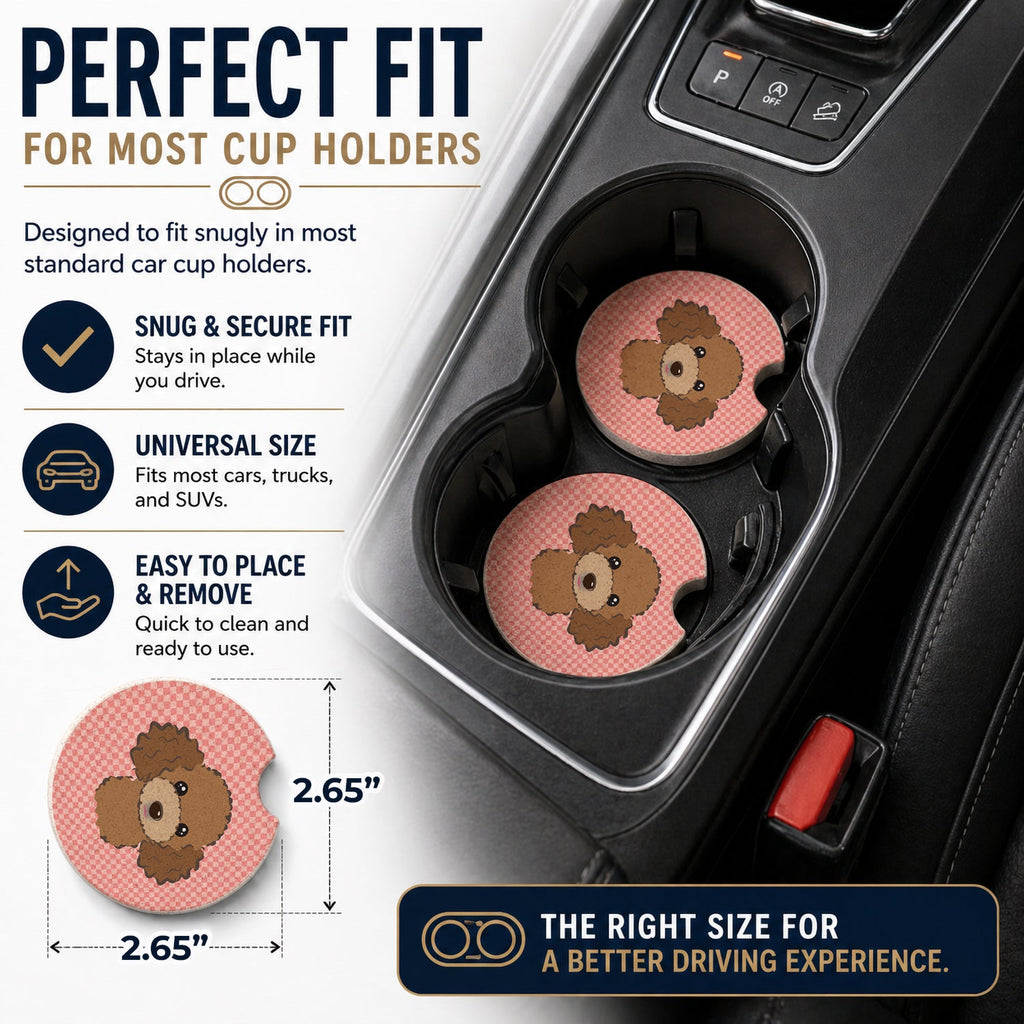 Checkerboard Pink Chocolate Brown Poodle Set of 2 Cup Holder Car Coasters Absorbent Round Sandstone Coasters Gifts for Men or Women, 2.5, Multicolor