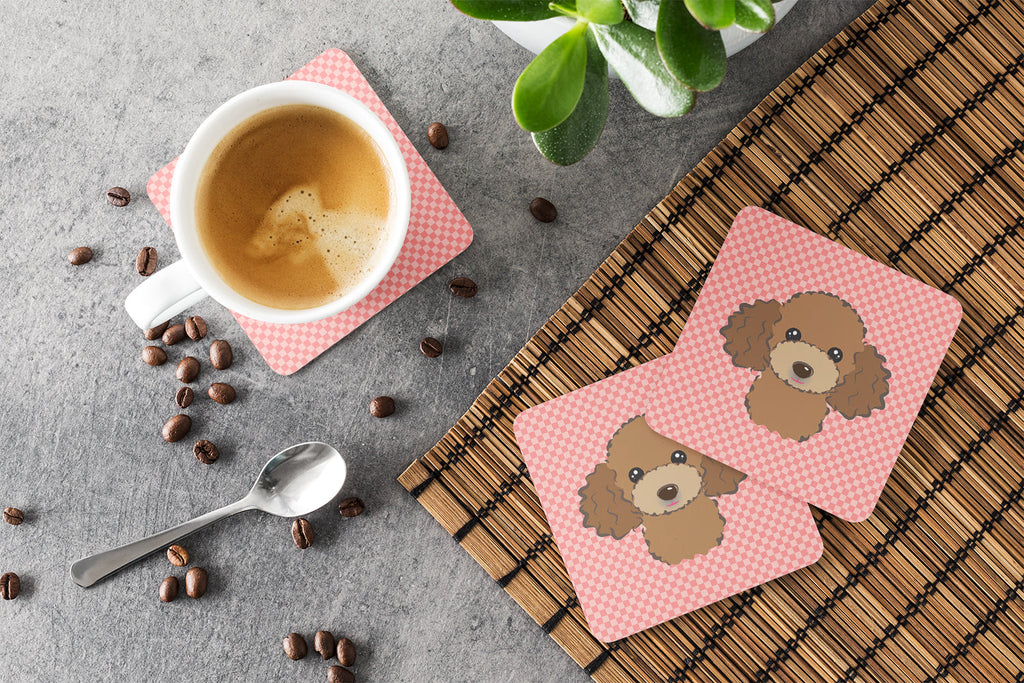Checkerboard Pink Chocolate Brown Poodle Foam Coasters Set of 4 Cup Coasters for Indoor Outdoor, Tabletop Protection, Anti Slip, Mouse pad Material