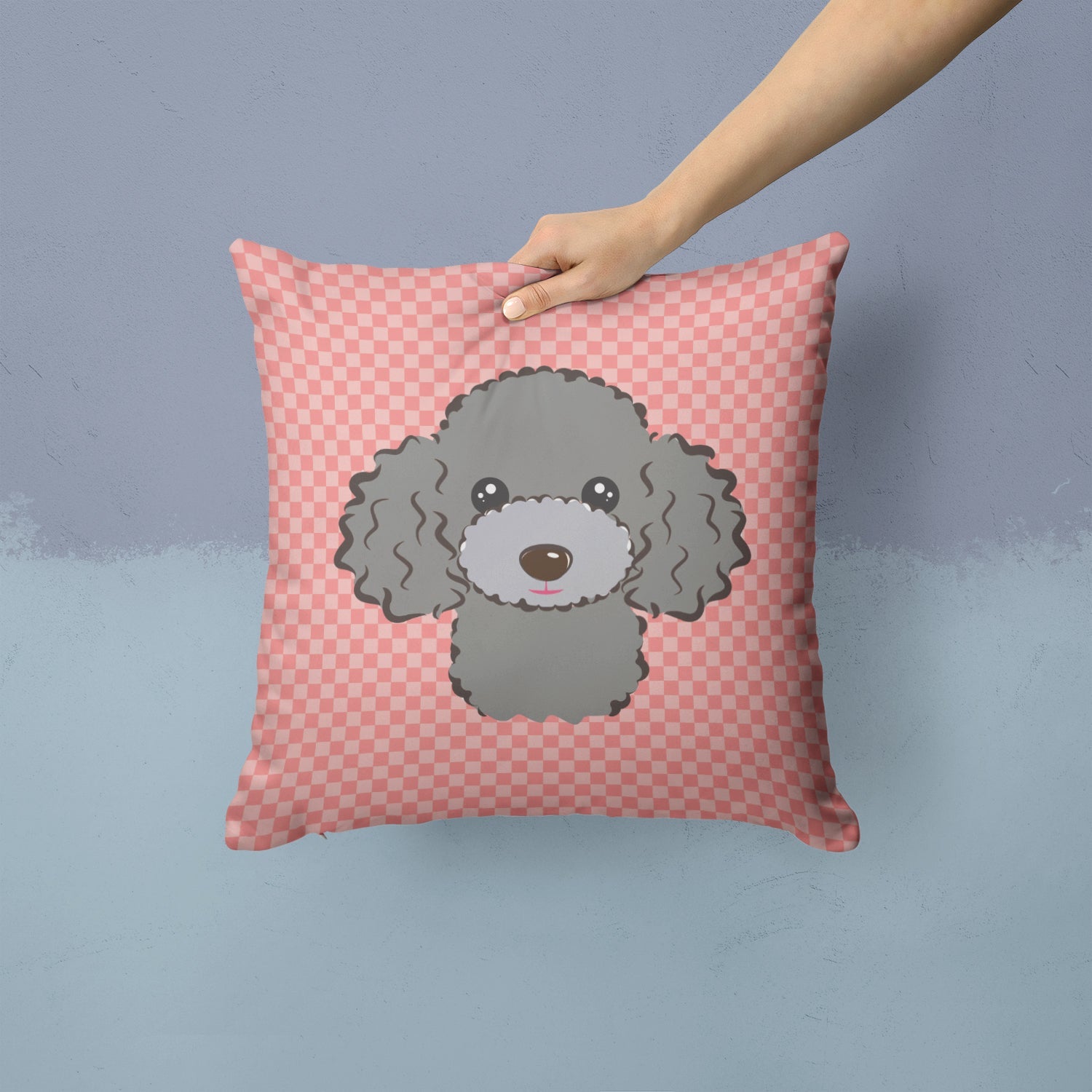 Checkerboard Pink Silver Gray Poodle Decorative Throw Pillow 14x14 Indoor Outdoor Accent Cushion, Fabric Cover with Insert for Sofa, Bed, Porch & Living Room