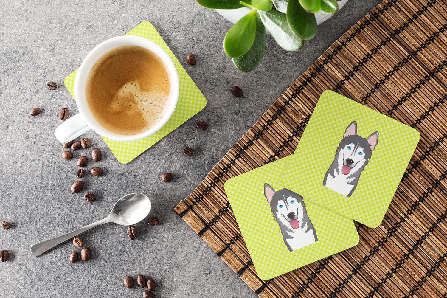 Checkerboard Lime Green Alaskan Malamute Foam Coasters Set of 4 Cup Coasters for Indoor Outdoor, Tabletop Protection, Anti Slip, Mouse pad Material
