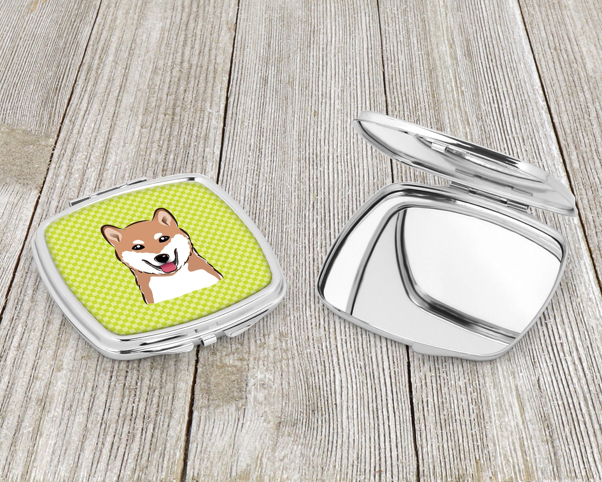 Checkerboard Lime Green Shiba Inu Compact Mirror Decorative Travel Makeup Mirror for Women Girls Gifts Pocket Makeup Mirror Folding Handheld