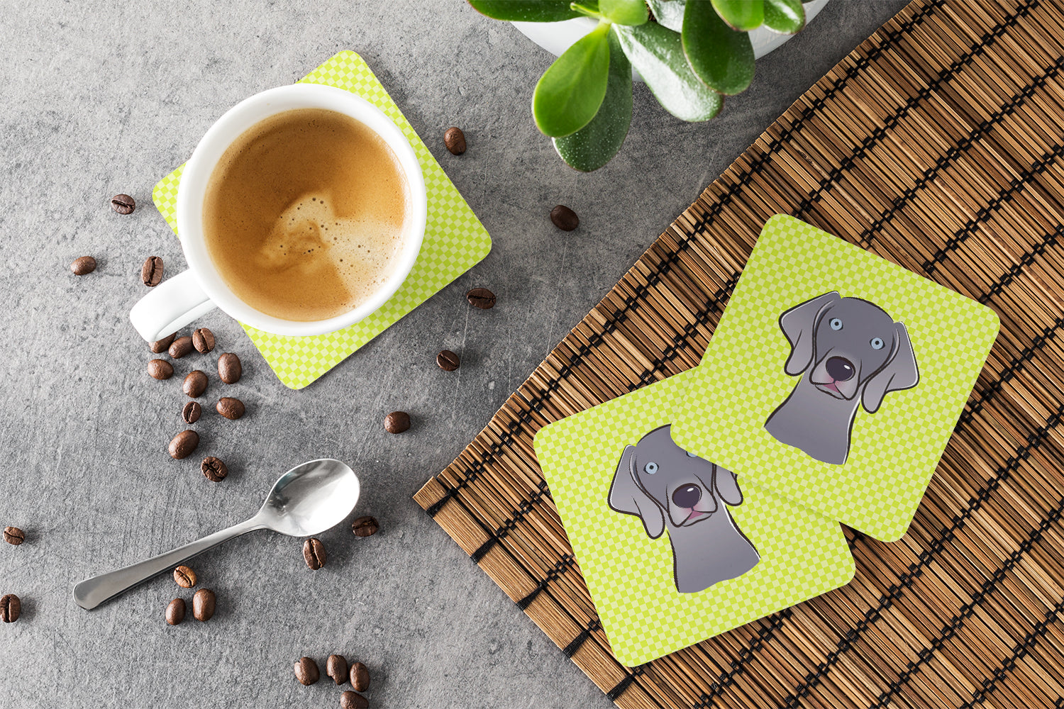 Checkerboard Lime Green Weimaraner Foam Coasters Set of 4 Cup Coasters for Indoor Outdoor, Tabletop Protection, Anti Slip, Mouse pad Material