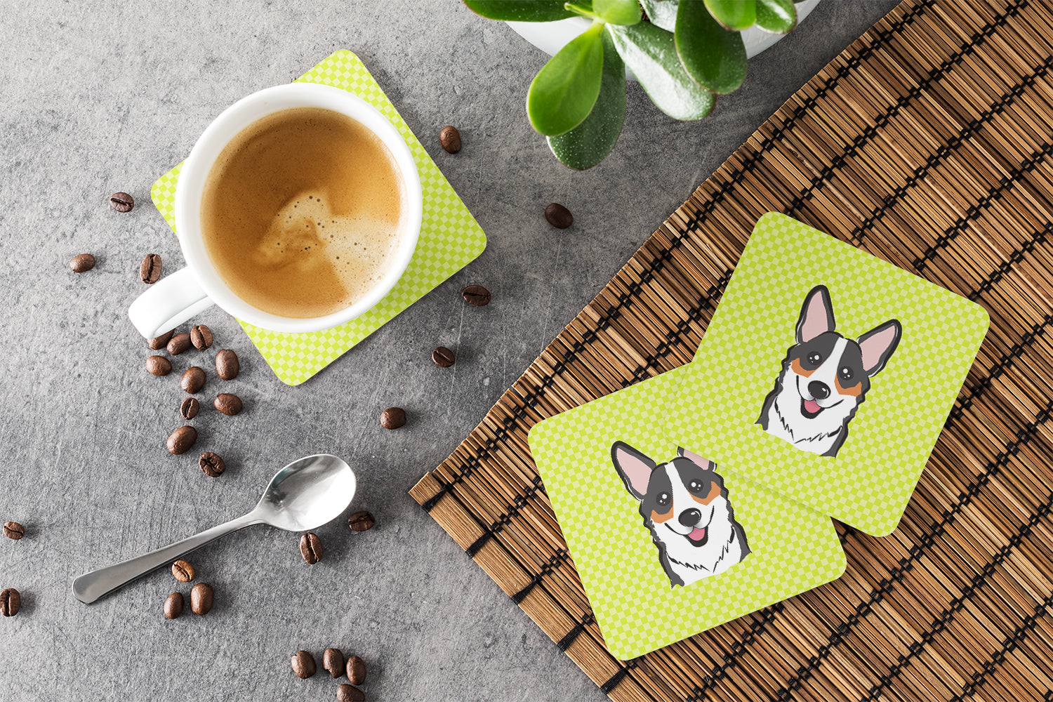 Checkerboard Lime Green Corgi Foam Coasters Set of 4 Cup Coasters for Indoor Outdoor, Tabletop Protection, Anti Slip, Mouse pad Material