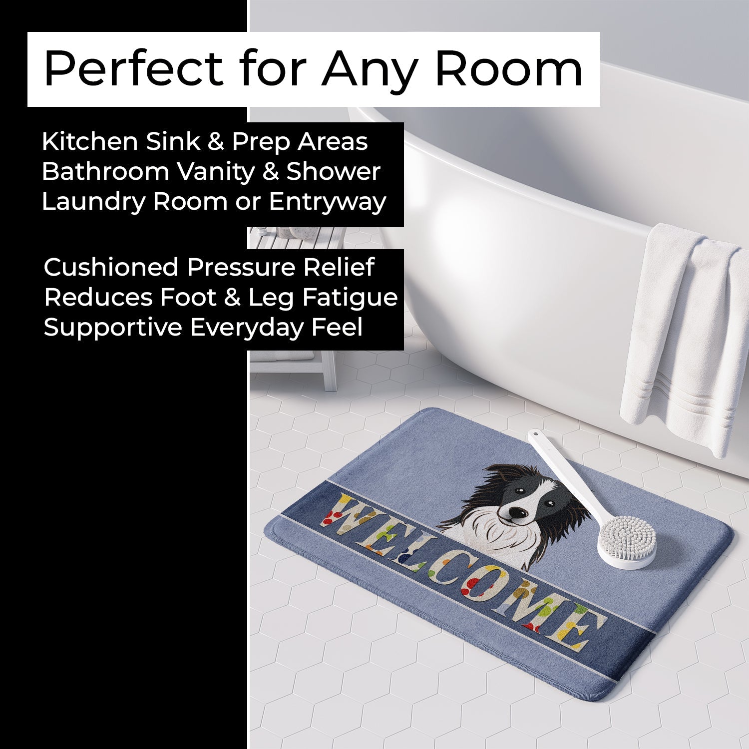 Border Collie Welcome Memory Foam Kitchen Mat Machine Washable Anti-Fatigue Cushion Comfort Bath or Kitchen Rug