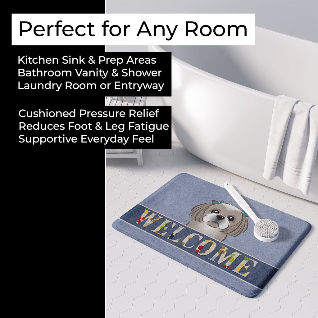 Gray Silver Shih Tzu Welcome Memory Foam Kitchen Mat Machine Washable Anti-Fatigue Cushion Comfort Bath or Kitchen Rug
