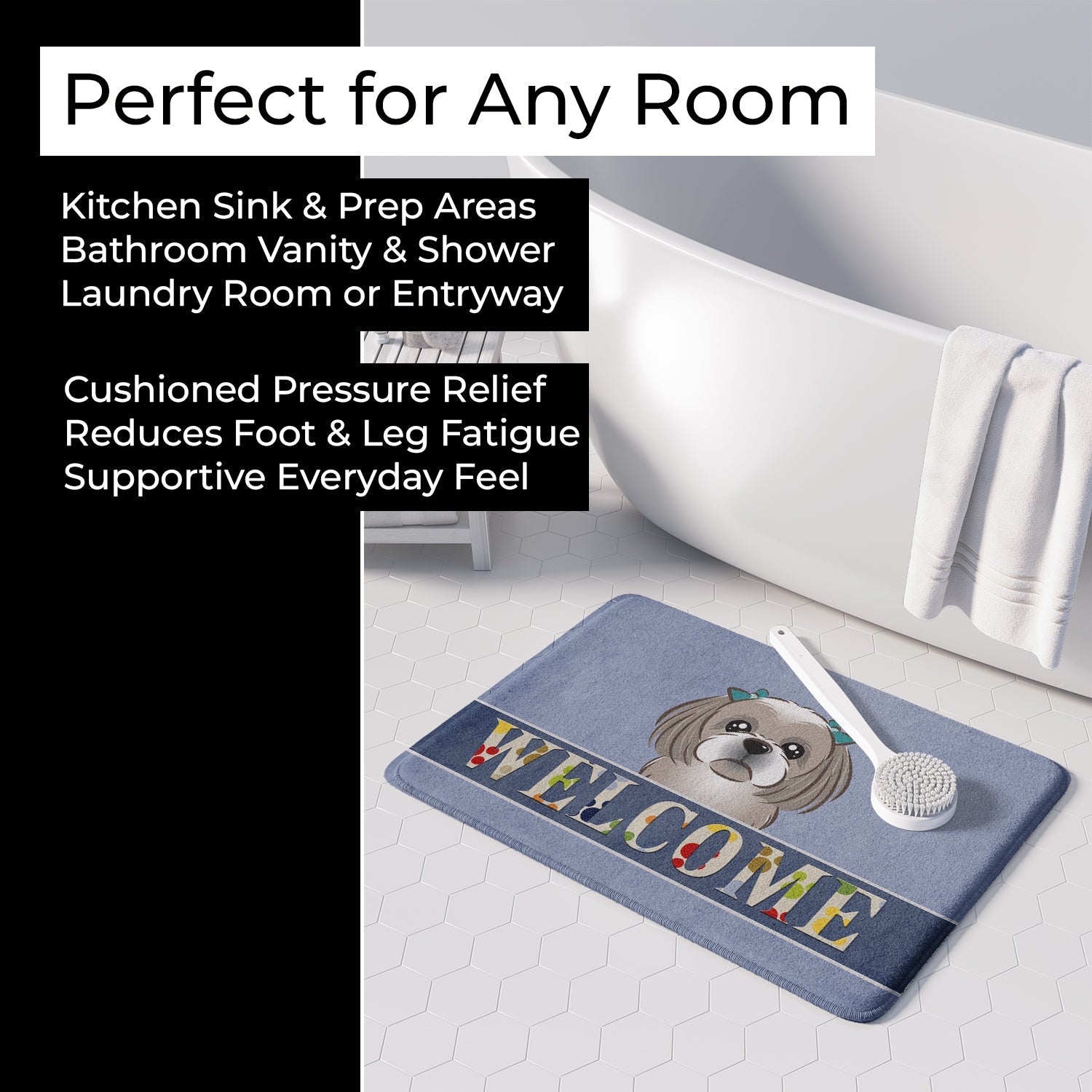 Gray Silver Shih Tzu Welcome Memory Foam Kitchen Mat Machine Washable Anti-Fatigue Cushion Comfort Bath or Kitchen Rug