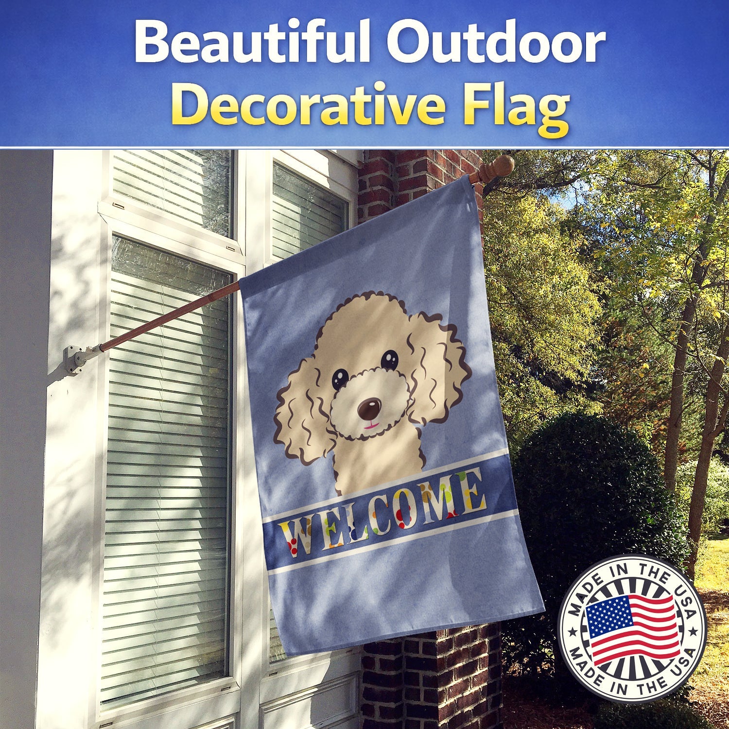 Buff Poodle Welcome House Flag 28x40 Porch Sleeve Pole Decorative Outside Yard Banner Artwork Wall Hanging, Polyester