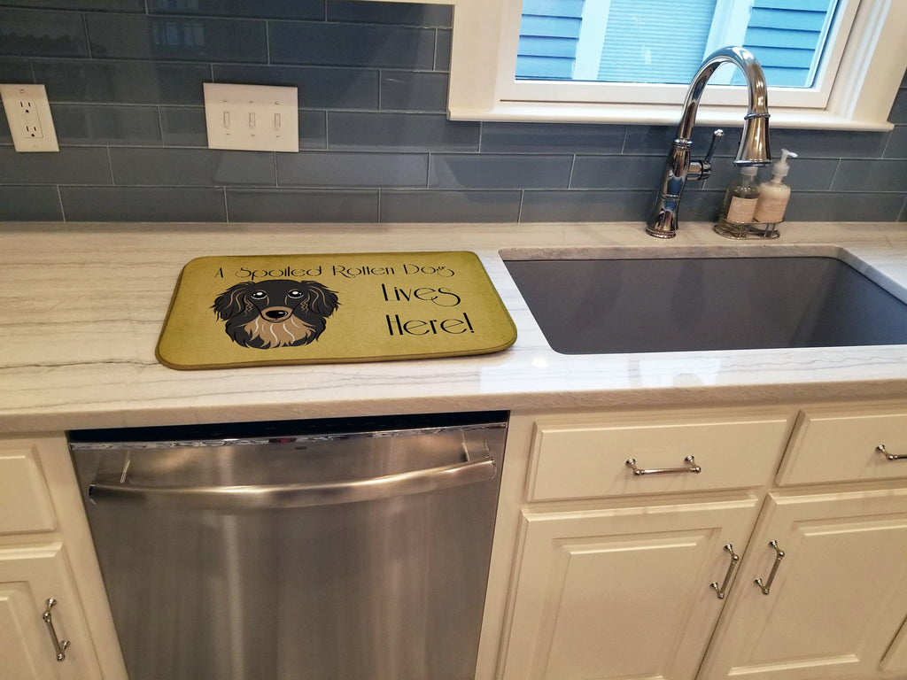 Longhair Black and Tan Dachshund Spoiled Dog Lives Here Dish Drying Mat Absorbent Dish Drying Mat Pad for Kitchen Counter Dish Drainer Mat for Countertop, 14 x 21", Multicolor