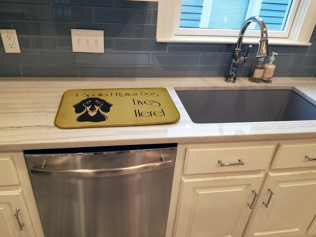 Smooth Black and Tan Dachshund Spoiled Dog Lives Here Dish Drying Mat Absorbent Dish Drying Mat Pad for Kitchen Counter Dish Drainer Mat for Countertop, 14 x 21", Multicolor