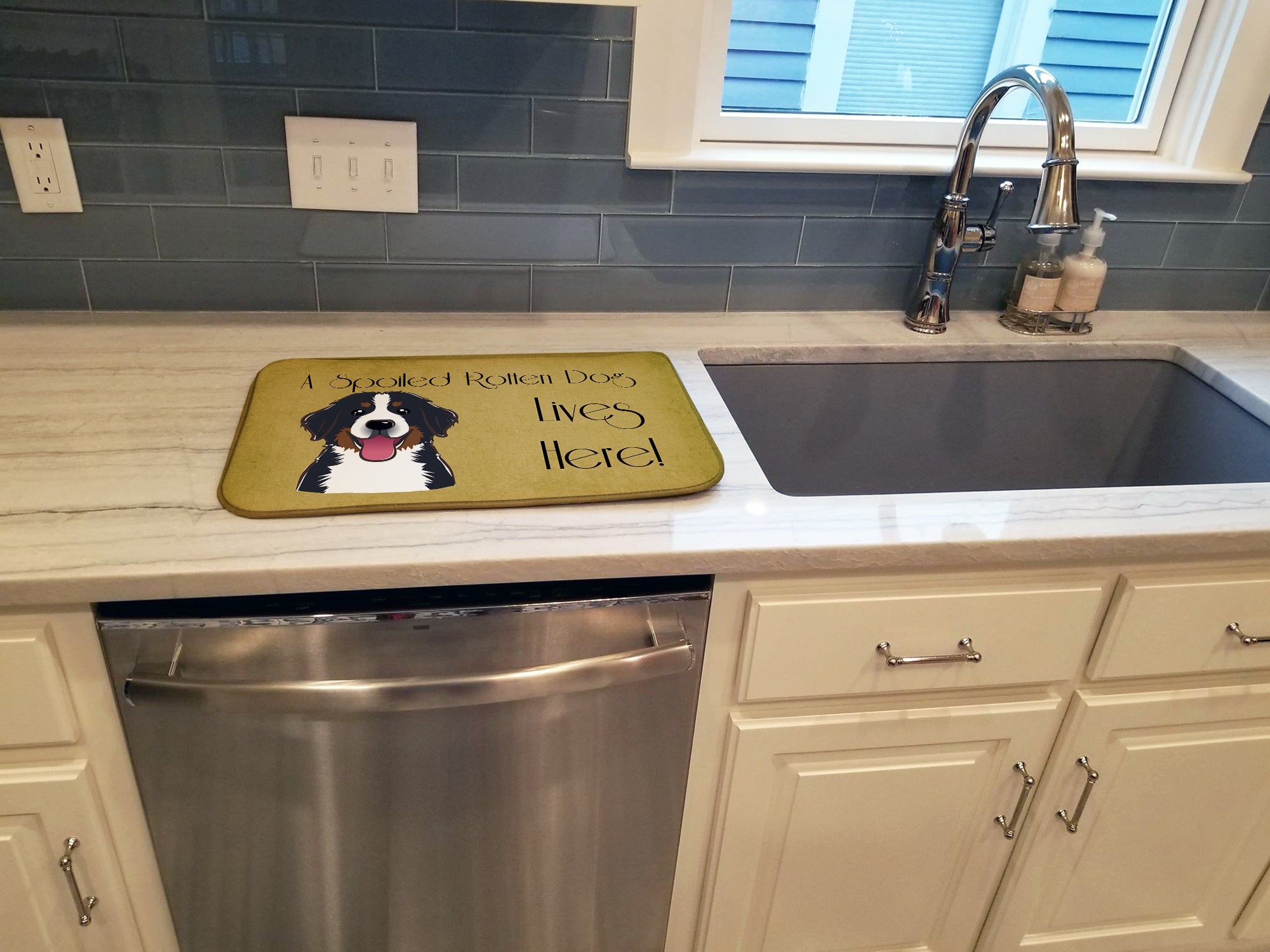 Bernese Mountain Dog Spoiled Dog Lives Here Dish Drying Mat Absorbent Dish Drying Mat Pad for Kitchen Counter Dish Drainer Mat for Countertop, 14 x 21", Multicolor
