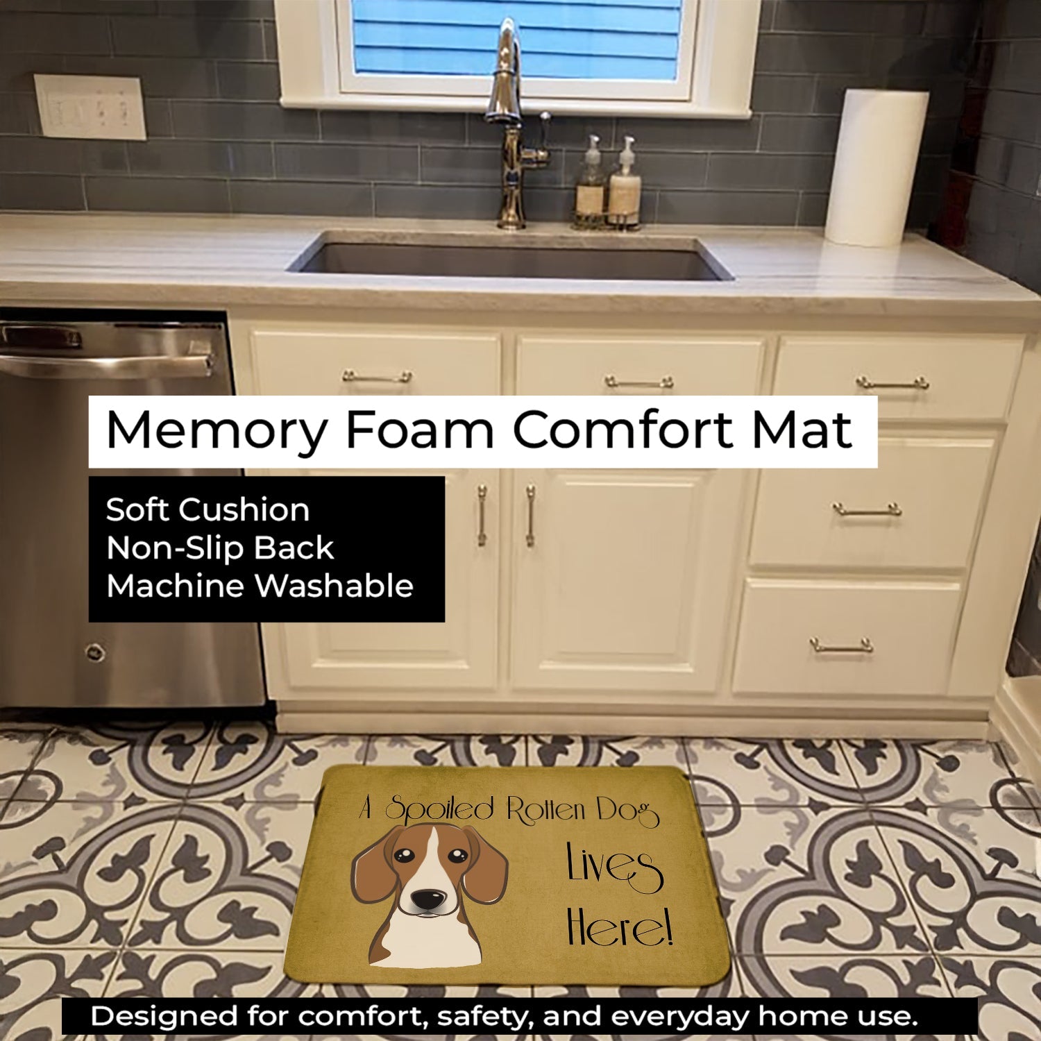 Beagle Spoiled Dog Lives Here Memory Foam Kitchen Mat Machine Washable Anti-Fatigue Cushion Comfort Bath or Kitchen Rug