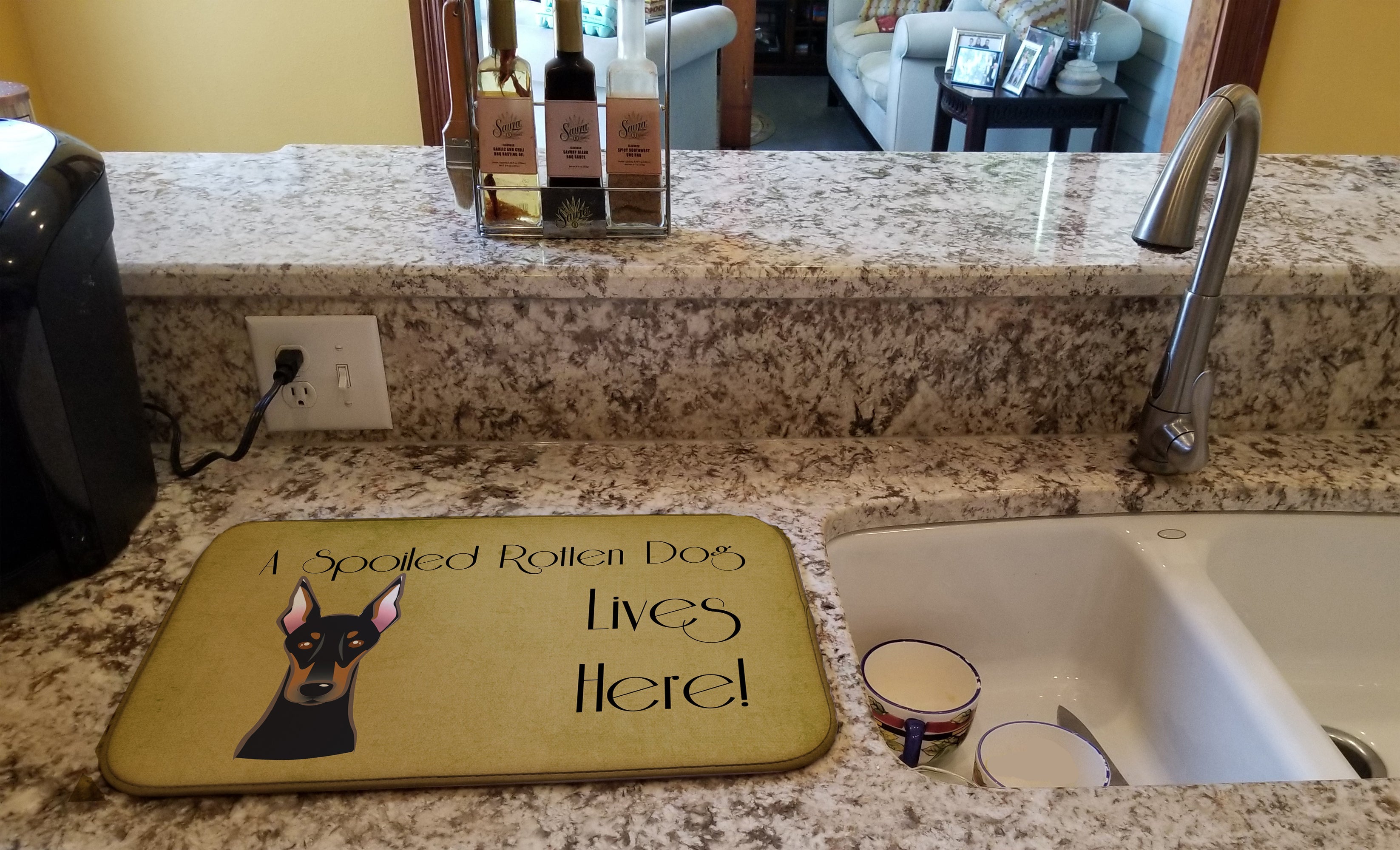 Doberman Spoiled Dog Lives Here Dish Drying Mat Absorbent Dish Drying Mat Pad for Kitchen Counter Dish Drainer Mat for Countertop, 14 x 21", Multicolor