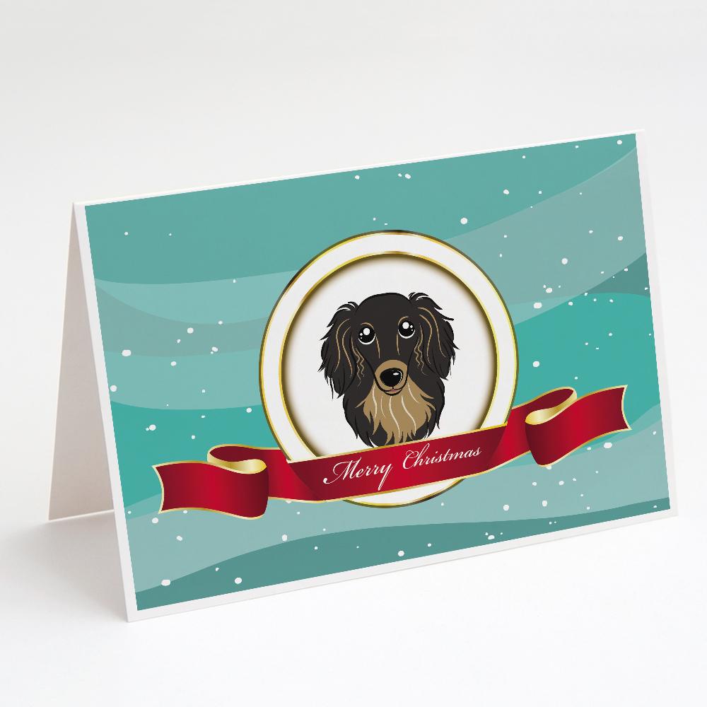 Longhair Black and Tan Dachshund Merry Christmas Greeting Cards Pack of 8 Blank Cards with Envelopes Whimsical A7 Size 5x7