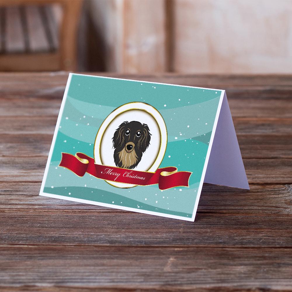 Longhair Black and Tan Dachshund Merry Christmas Greeting Cards Pack of 8 Blank Cards with Envelopes Whimsical A7 Size 5x7