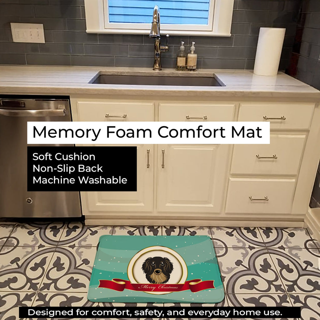 Longhair Black and Tan Dachshund Merry Christmas Memory Foam Kitchen Mat Machine Washable Anti-Fatigue Cushion Comfort Bath or Kitchen Rug