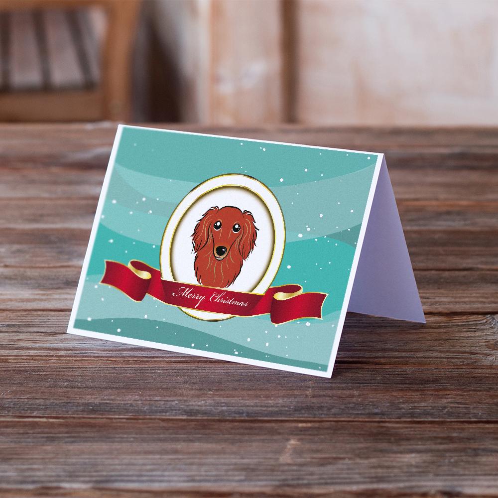 Longhair Red Dachshund Merry Christmas Greeting Cards Pack of 8 Blank Cards with Envelopes Whimsical A7 Size 5x7