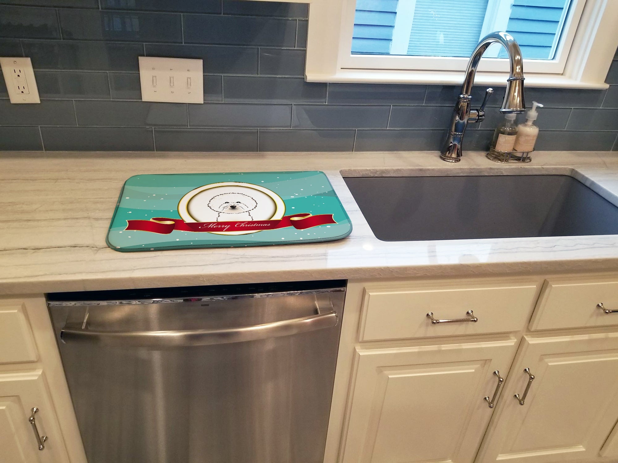 Bichon Frise Merry Christmas Dish Drying Mat Absorbent Dish Drying Mat Pad for Kitchen Counter Dish Drainer Mat for Countertop, 14 x 21", Multicolor