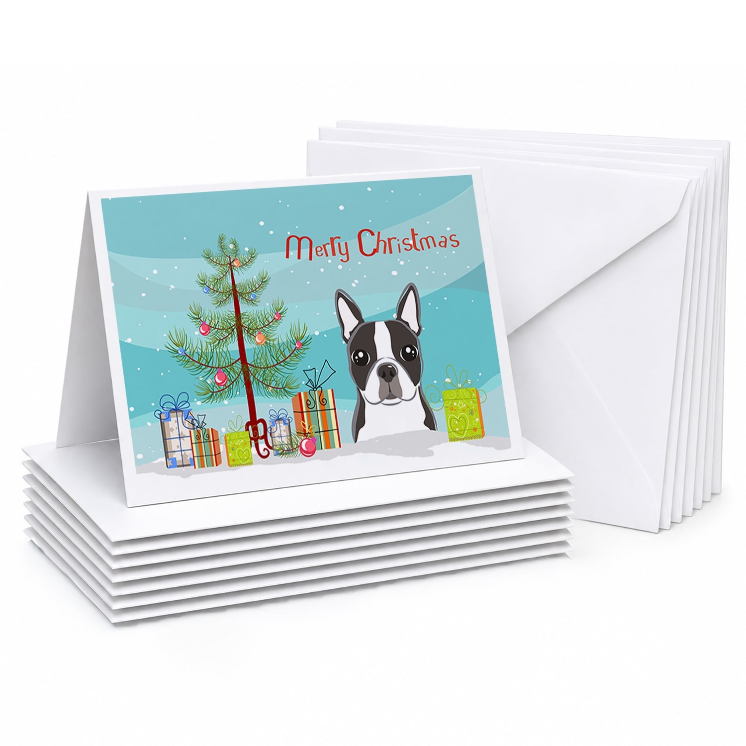 Christmas Tree and Boston Terrier Greeting Cards Pack of 8 Blank Cards with Envelopes Whimsical A7 Size 5x7