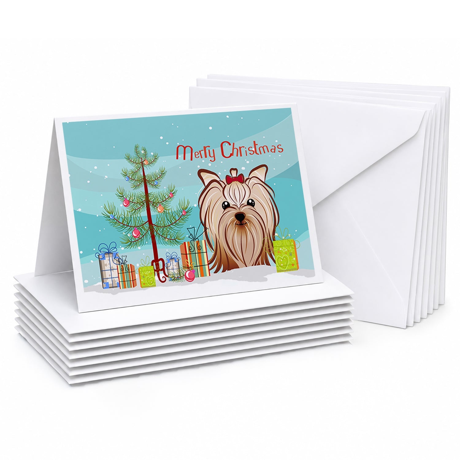 Christmas Tree and Yorkie Yorkishire Terrier Greeting Cards Pack of 8 Blank Cards with Envelopes Whimsical A7 Size 5x7