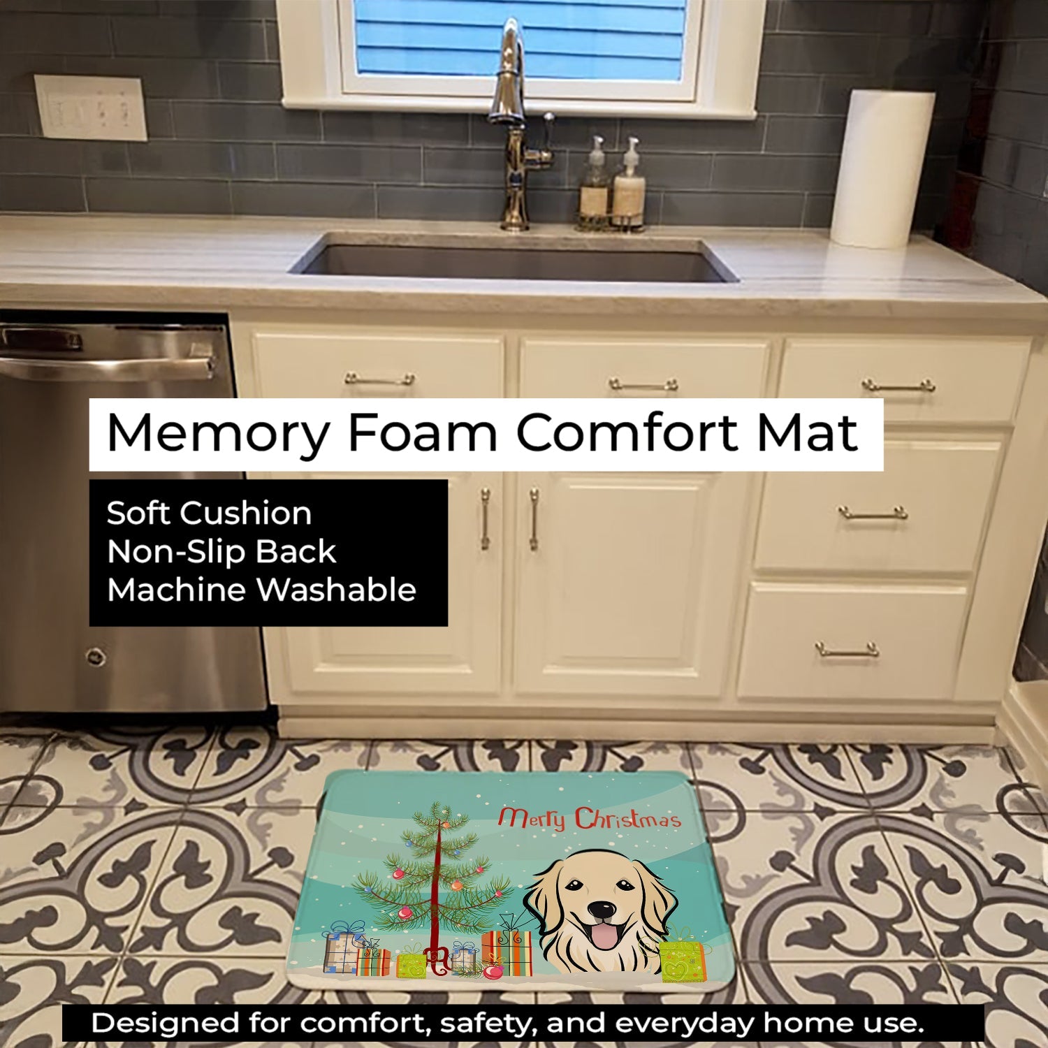 Christmas Tree and Golden Retriever Memory Foam Kitchen Mat Machine Washable Anti-Fatigue Cushion Comfort Bath or Kitchen Rug