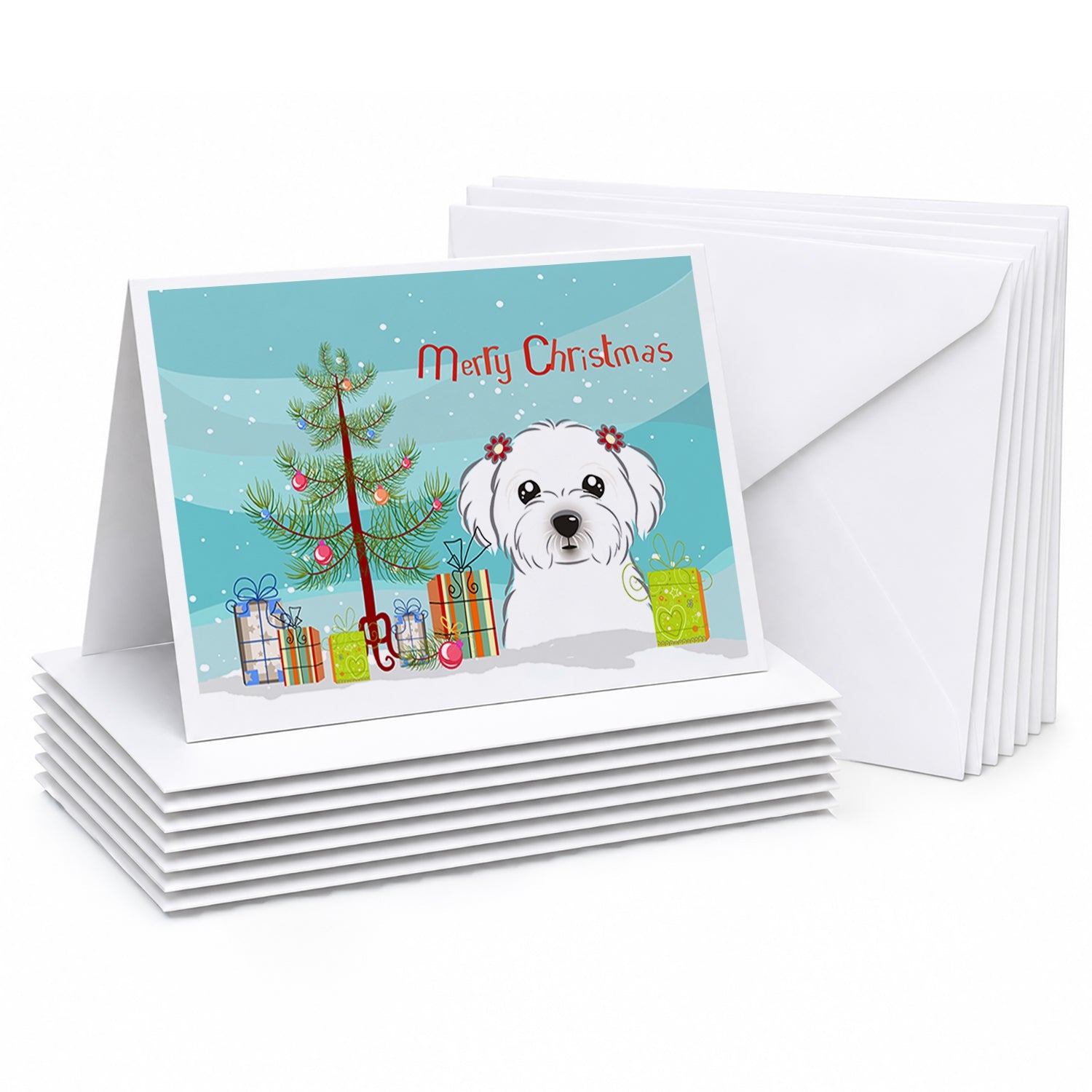 Christmas Tree and Maltese Greeting Cards Pack of 8 Blank Cards with Envelopes Whimsical A7 Size 5x7
