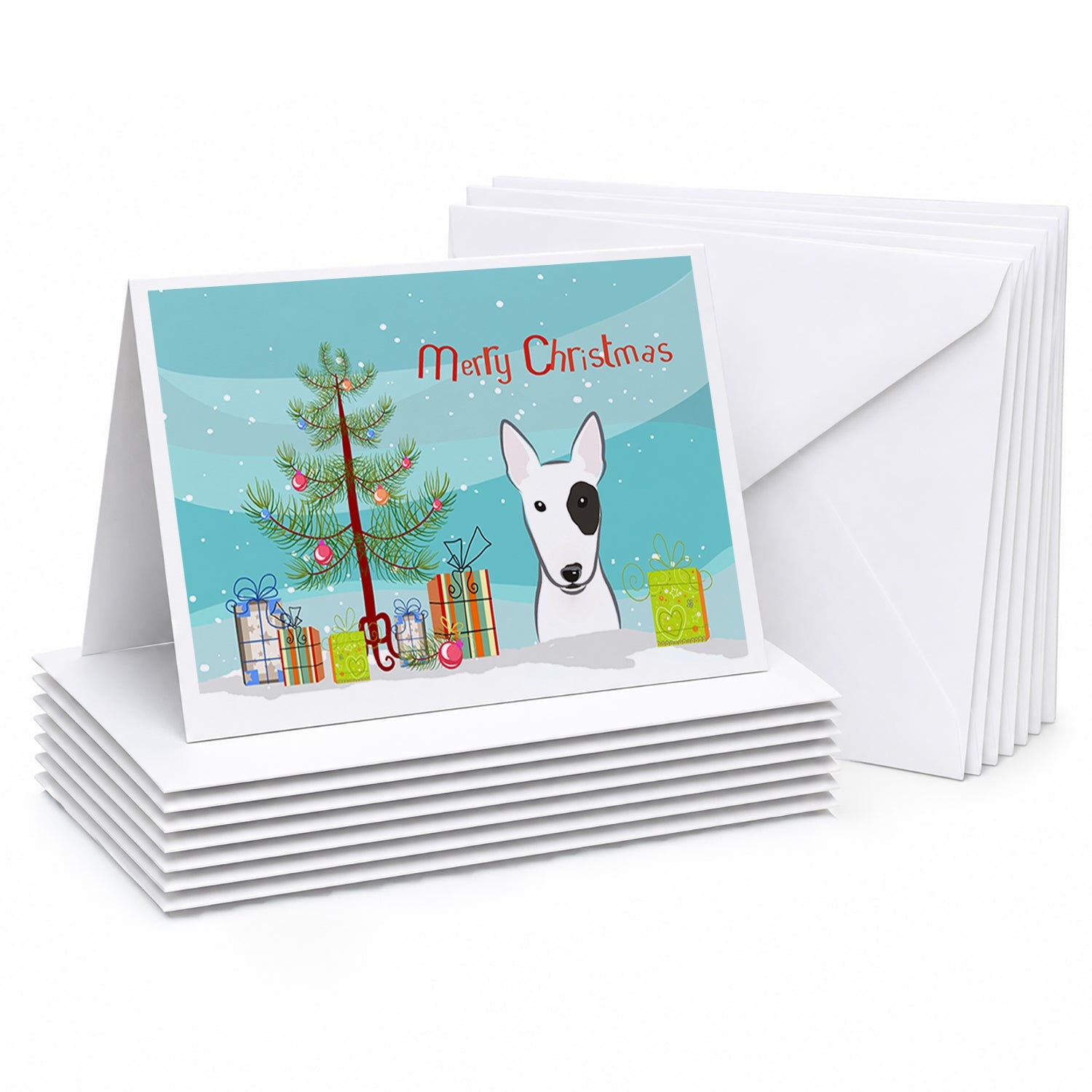 Christmas Tree and Bull Terrier Greeting Cards Pack of 8 Blank Cards with Envelopes Whimsical A7 Size 5x7