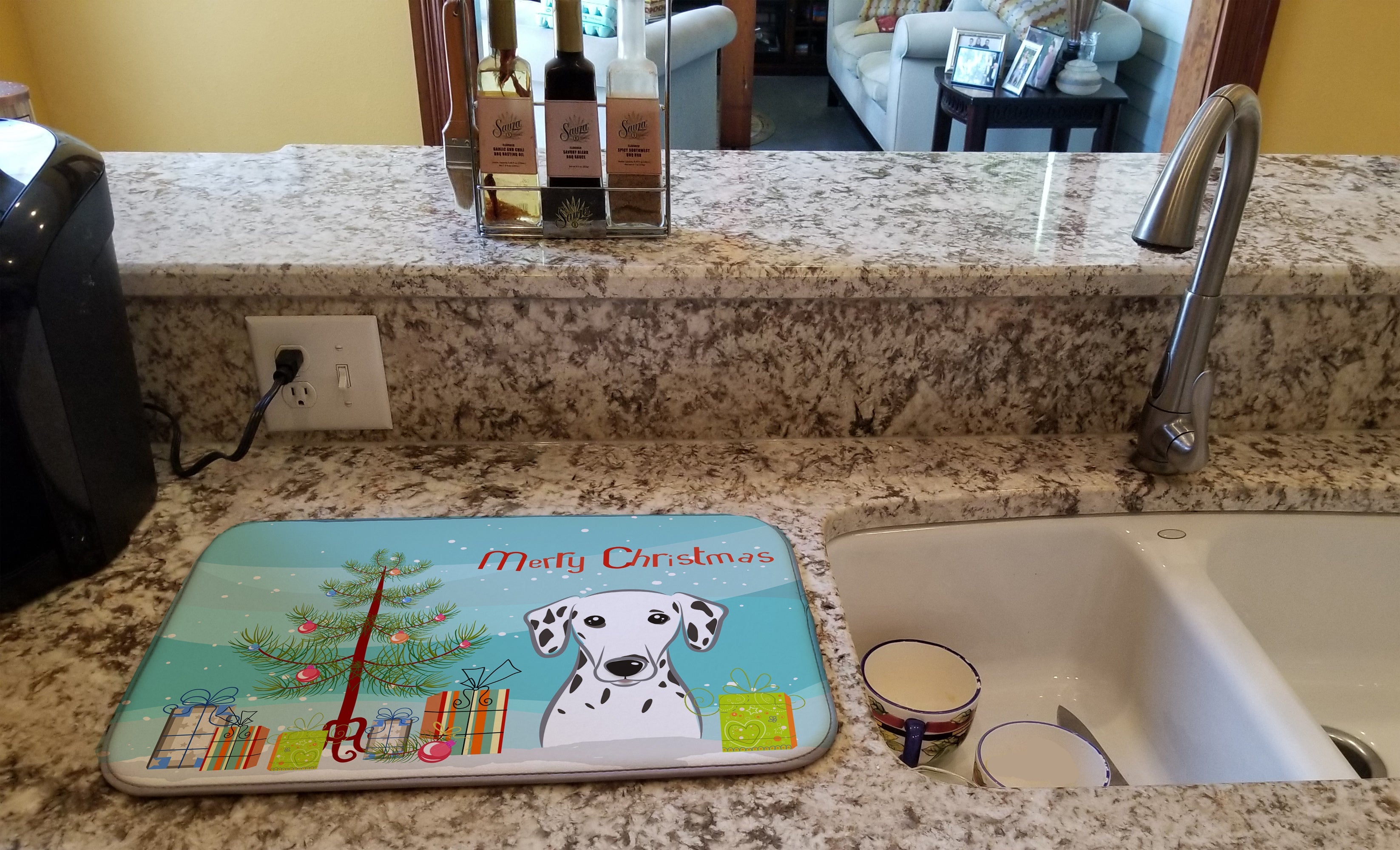 Christmas Tree and Dalmatian Dish Drying Mat Absorbent Dish Drying Mat Pad for Kitchen Counter Dish Drainer Mat for Countertop, 14 x 21", Multicolor