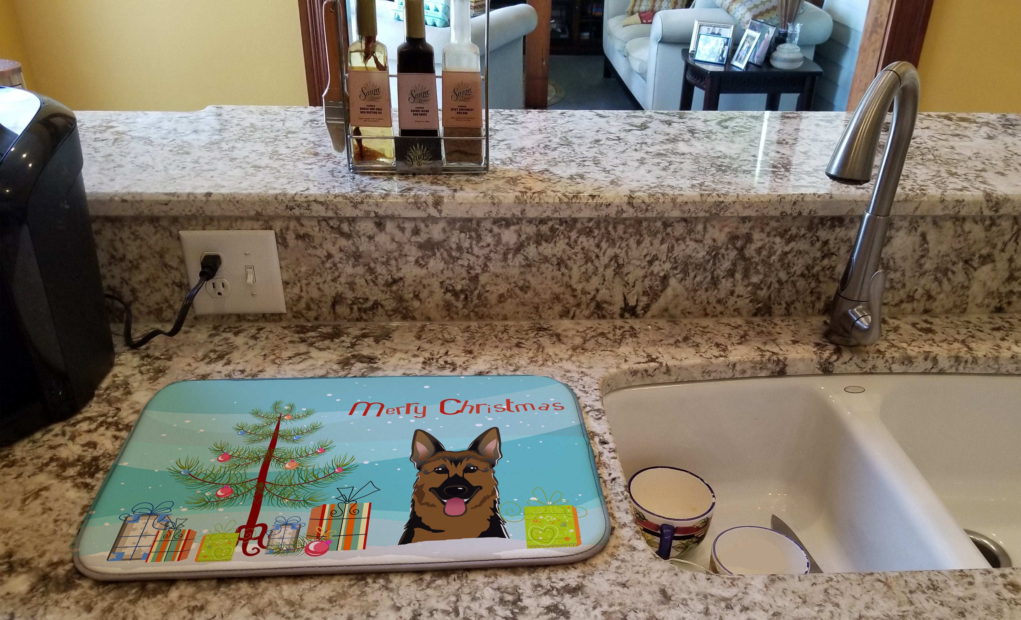 Christmas Tree and German Shepherd Dish Drying Mat Absorbent Dish Drying Mat Pad for Kitchen Counter Dish Drainer Mat for Countertop, 14 x 21", Multicolor