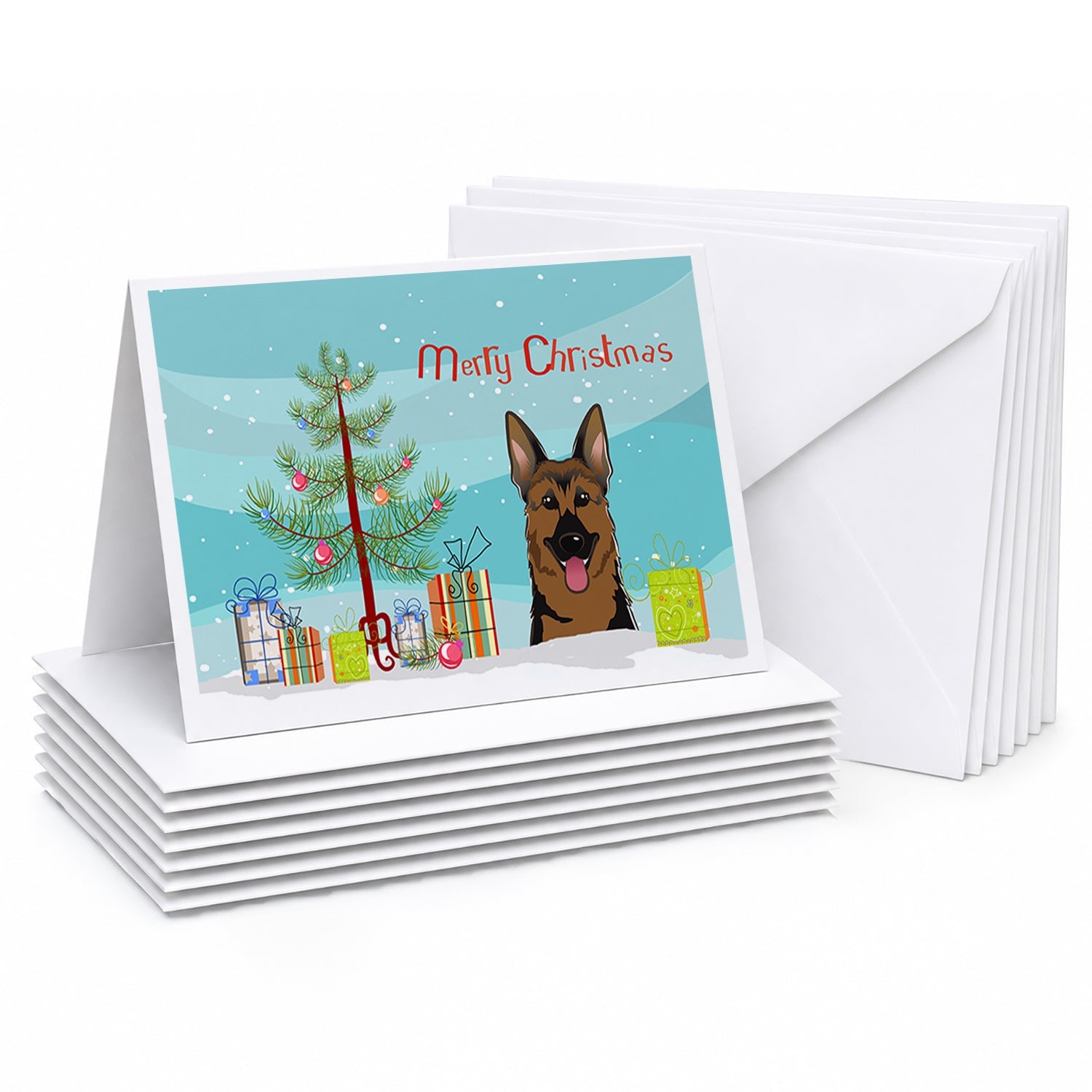 Christmas Tree and German Shepherd Greeting Cards Pack of 8 Blank Cards with Envelopes Whimsical A7 Size 5x7