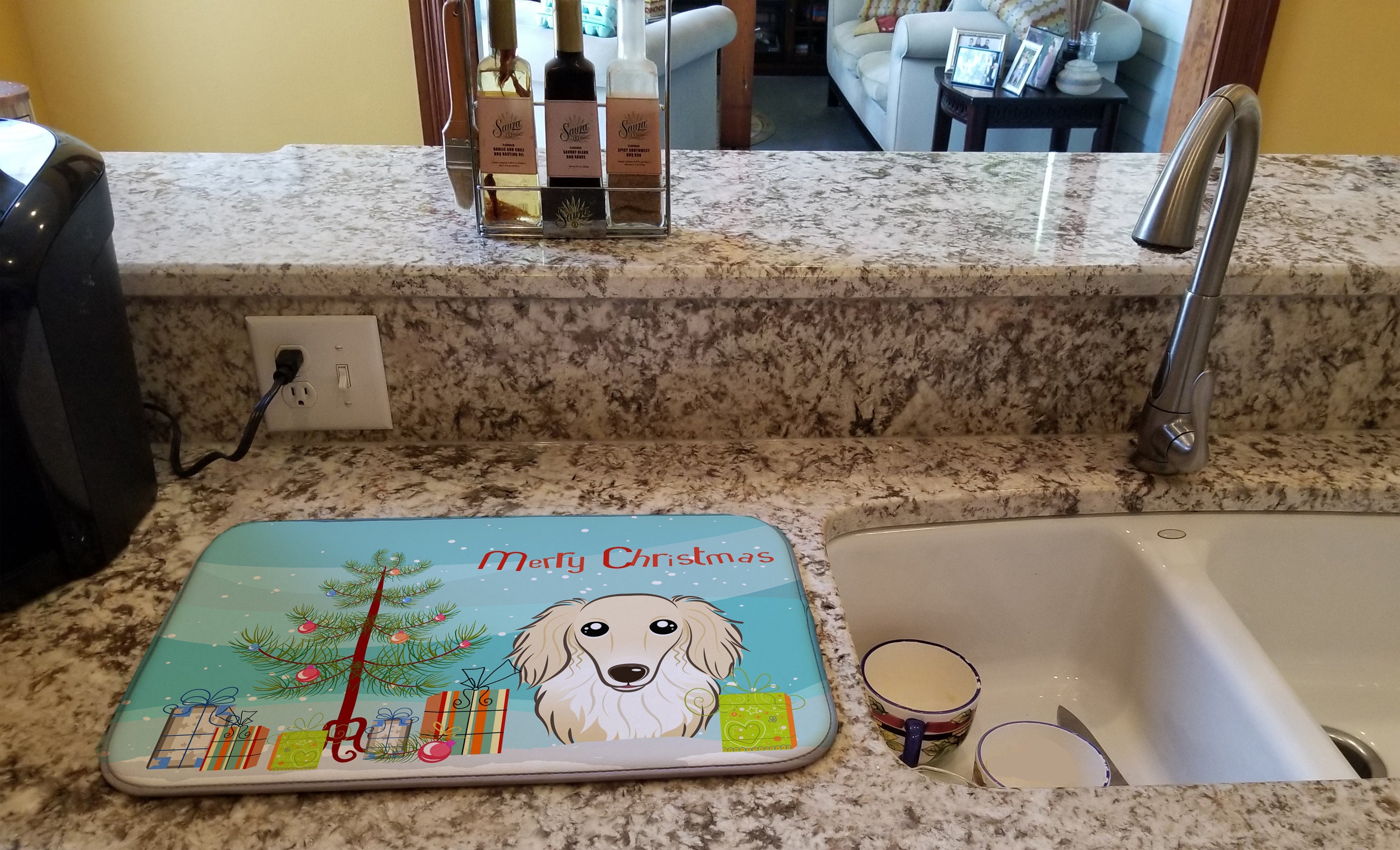 Christmas Tree and Longhair Creme Dachshund Dish Drying Mat Absorbent Dish Drying Mat Pad for Kitchen Counter Dish Drainer Mat for Countertop, 14 x 21", Multicolor